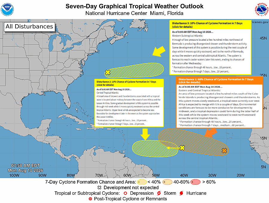 FloridaTropics1's tweet photo. Here's the corrected graphic for the 8 AM outlook from the NHC. Lots to watch! https://t.co/PS5utn9TcB