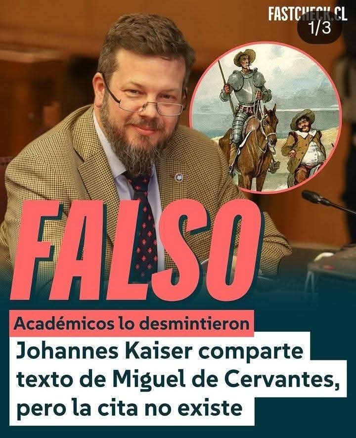 DebiaEduardo's tweet photo. EL MAYOR EXPONENTE DE LA IGNORANCIA EN CHILE
Compartió en redes una supuesta carta de Cervantes a Sancho Panza de la obra Don Quijote de la Mancha. 
Afirmó que el texto describía a la izquierda hispanoamericana actual, la cita es.. ¡¡completamente falsa y no existe en el libro.!! https://t.co/SObfh35lez