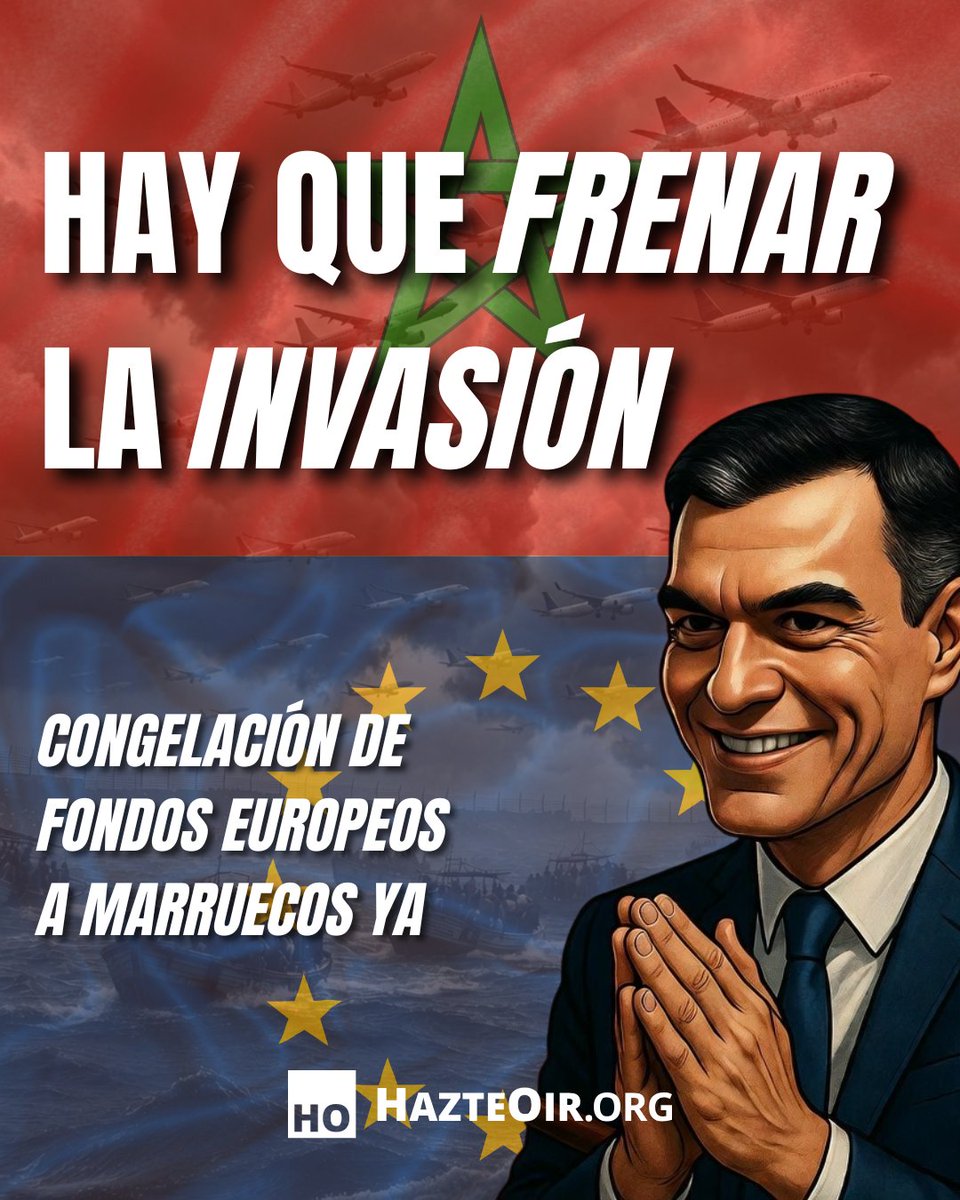 hazteoir's tweet photo. 🔴 URGENTE HAY QUE FRENAR LA INVASIÓN DE MARRUECOS. 

🇪🇺 EXIGE A LA COMISIÓN EUROPEA QUE CONGELE LOS FONDOS A MARRUECOS   

En 2021 la firmeza de Europa obligó a Marruecos a cerrar el paso. ¡Hagámoslo de nuevo antes de que siga devastando la ciudad de Ceuta! 

👉 Marruecos cobra cientos de millones de euros de la UE por vigilar la frontera que hoy deja pasar. 
👉 El Gobierno de Sánchez no va a mover un dedo para frenar este chantaje. 

⚠️ FIRMA AQUÍ Y EXIGE REACCIONES: https://t.co/RNcA7QRRuA✍️