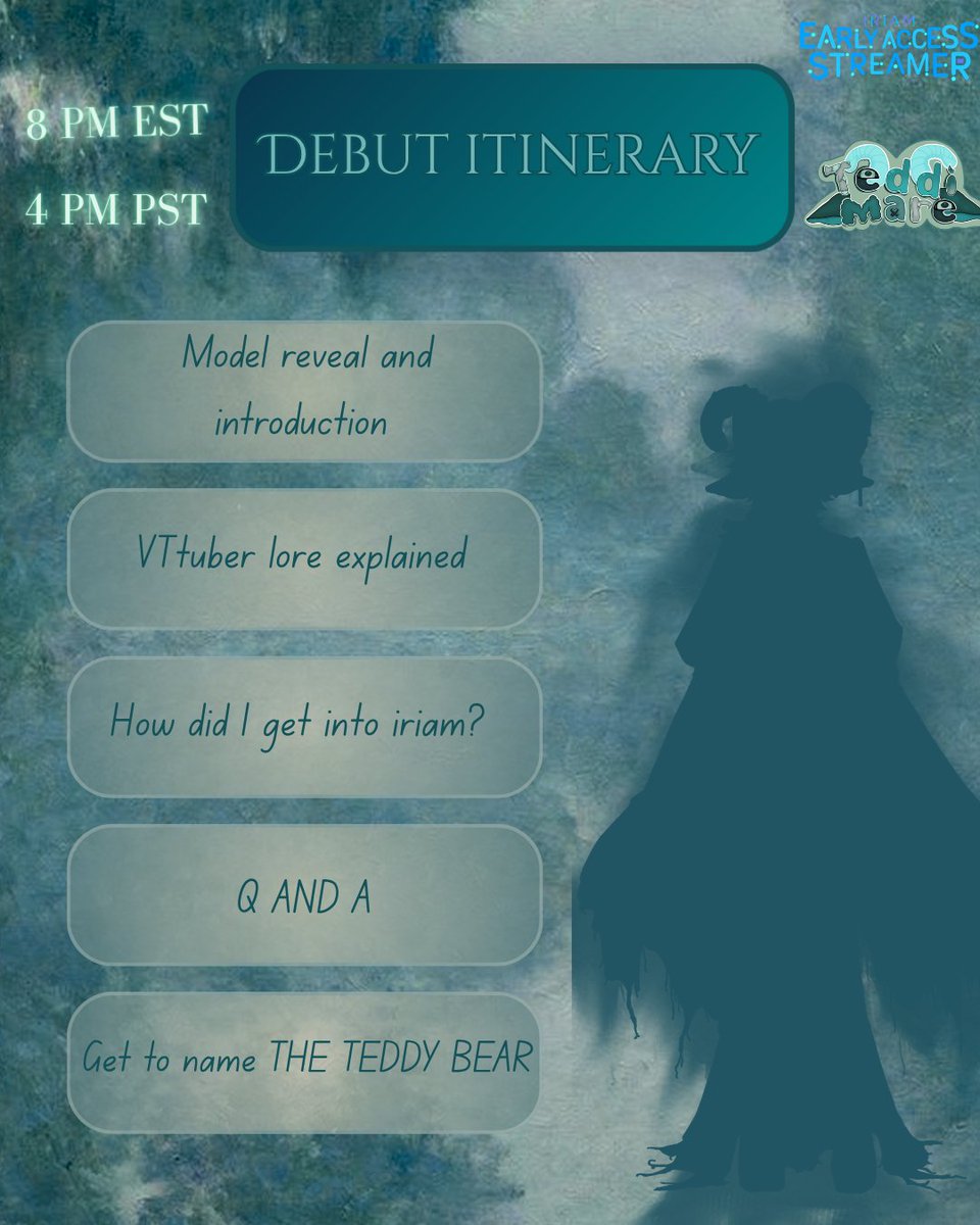 Teddimaree's tweet photo. 💃 We finally made it to debut day!!! Though thankfully I still have 12 hours to process that fact🫠 Meanwhile! I leave you guys with the debut itinerary! Il be live for around 2-3 hours(so weird to say that) so you can come by anytime 🥹
#vtuber #vtuberdebut #iriam #Teddionline https://t.co/Ej6NAR5NP8