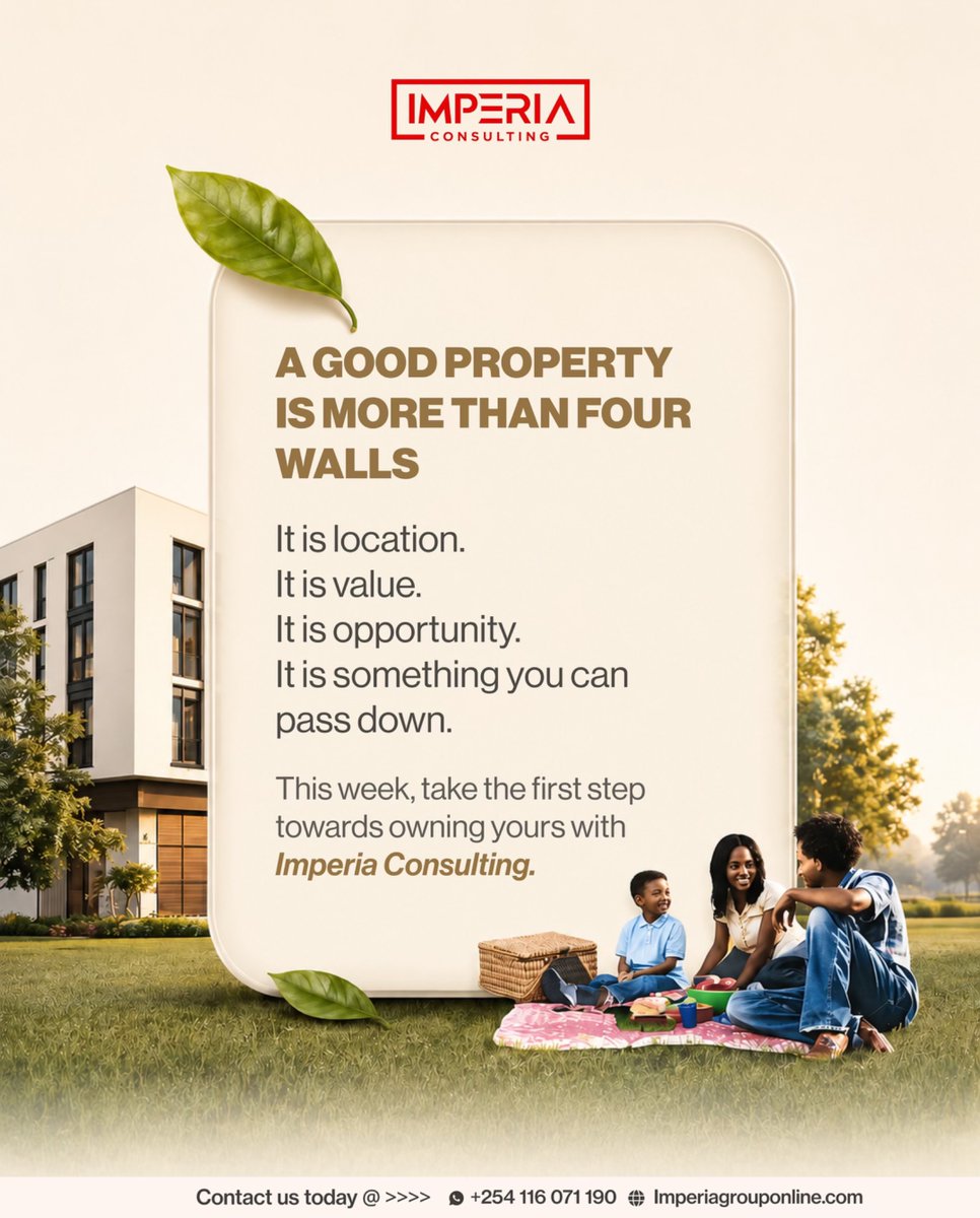ImperiaC_'s tweet photo. Your next property move could shape your financial future.

Ready to invest with purpose? Let’s talk.

📞 +254 116 071 190
🌐 https://t.co/I8tfujx4ZA

#ImperiaConsulting #PropertyInvestment #KenyaRealEstate #NairobiProperty #InvestSmart https://t.co/jsry5585Zg
