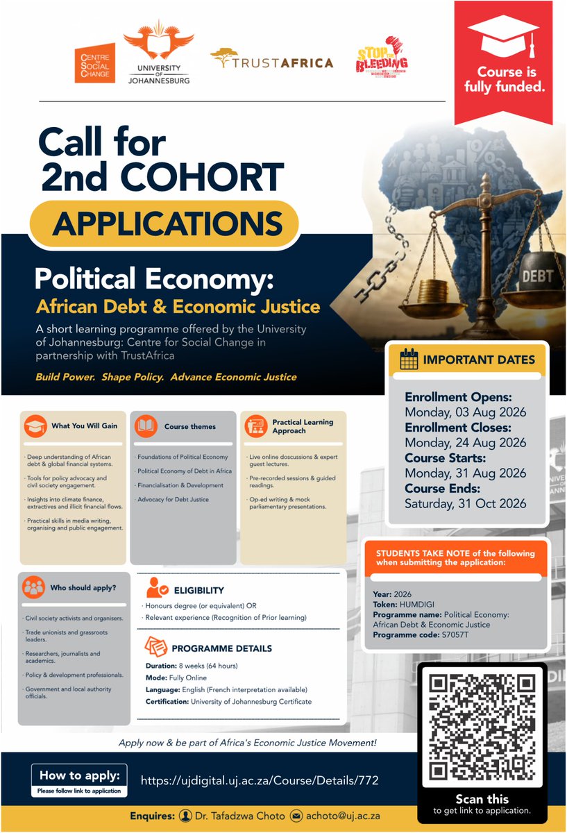 TrustAfrica's tweet photo. Call for Applications: 2nd Cohort – Political Economy: African Debt & Economic Justice Programme
📢 Applications are OPEN for the 2nd Cohort of the Political Economy: African Debt & Economic Justice Programme!

🎓 Fully funded
💻 8-week online course
📜 UJ Certificate
🌍 English + French interpretation
📅 Apply by 24 Aug 2026
🔗 https://t.co/2zmzudhkoC