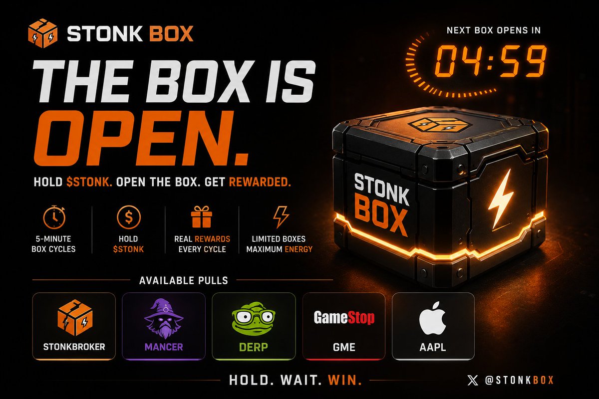 STONKBOX_OG's tweet photo. 📦 WELCOME TO STONK BOX.

Hold Wait ,5 minutes,  Open the box.

See what you pulled.

Every eligible round gives you another box to crack.

AVAILABLE PULLS:

🟠 STONKBROKER
🧙 MANCER
🐸 DERP
🎮 GME
���� AAPL

Five-minute rounds. Mystery pulls. Maximum stonks.

THE BOX IS OPEN. 📦 https://t.co/wTpz2PYOel