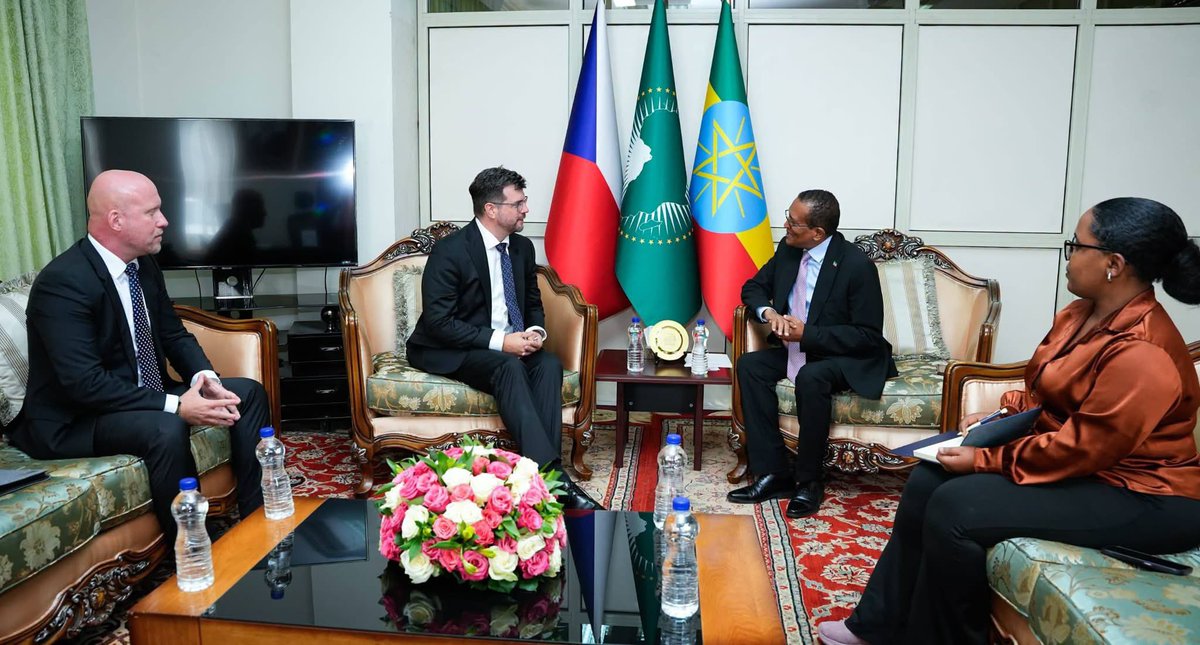 MFAEthiopia's tweet photo. Chief of State Protocol at the Ministry of Foreign Affairs of the Federal Democratic Republic of Ethiopia, Melaku Bedada, today received copies of the Letters of Credence from the Ambassador-Designates of the Republic of Cyprus and the Czech Republic, Savvas Vladimirou and Jan Rouček, respectively.