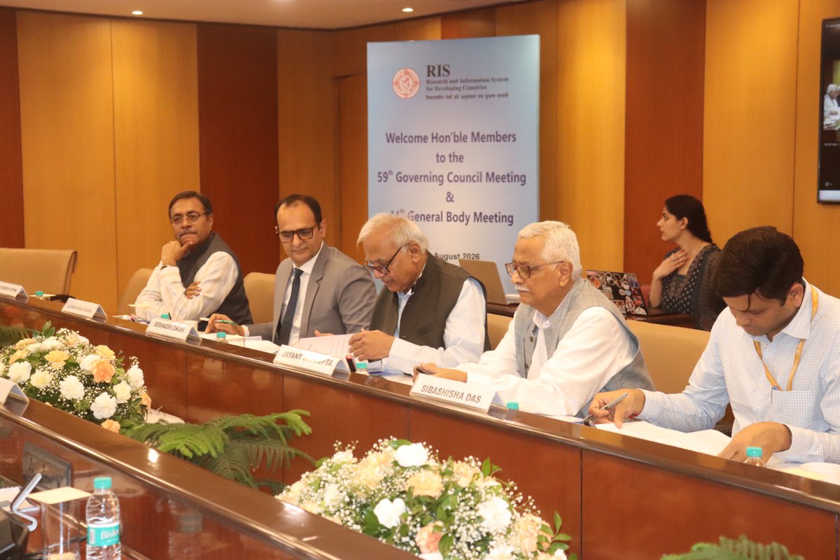 RIS_NewDelhi's tweet photo. @RIS_NewDelhi was honoured to welcome the distinguished members of GC and GB for the 59th Meeting of the Governing Council and 44th Meeting of the Governing Body, held today.

The meeting was attended by Shri Sudhakar Dalela (@SudhakarDalela), Secretary (ER), @MEAIndia; Shri Rajesh Kotecha (@vaidyakotecha), Secretary, @moayush; Dr. Seshadri Chari (@seshadrichari), Member, Governing Council, RIS; Ambassador Jayant Dasgupta, Member, Governing Council, RIS; Ms. Shyamala Gopinath, Member, Governing Council, RIS; Ambassador S.T. Devare, Chairman, Research Advisory Council, RIS; Ms. Aparna Ray (@aparnaray_ifs), Joint Secretary (PP&R), Ministry of External Affairs; Mr. Chanchal C. Sarkar, Advisor, Department of Economic Affairs, @FinMinIndia; Mr. Samarth Verma, Director (IC), @shipmin_india; Dr. Sibashisha, Scientist D, @IndiaDST; Prof. Sachin Kumar Sharma (@SKSharma_World), Director General, RIS; and Dr. Rajan Sudesh Ratna (@RajanRatna), Coordinator, @DakshinNews. 

Hon’ble Members appreciated RIS’s vision of “Where Research Meets Policy”, which seeks to bridge evidence, policymaking and action, shaping informed priorities and advancing shared development goals.

@DoC_GoI | @RajeshAgrawal94 | @waghmare16 | @secymoayush | @AIC_aseanindia | @forum_blue | @cmec_ris | @FIDC_NewDelhi | @fisd19 | @fitm14