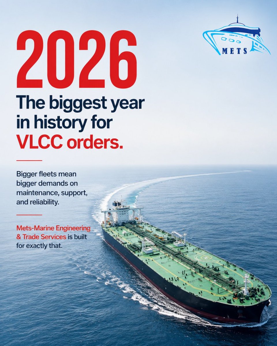 METS_Services's tweet photo. 🚢 2026: the biggest year in history for VLCC orders.
Bigger fleets = bigger demands on maintenance & support.
Mets-Marine Engineering & Trade Services is built for exactly that. ⚓
📩 https://t.co/PowyAXhLSS
#VLCC #MarineEngineering #METSMarine #ShippingIndustry https://t.co/CVwbJCyLby