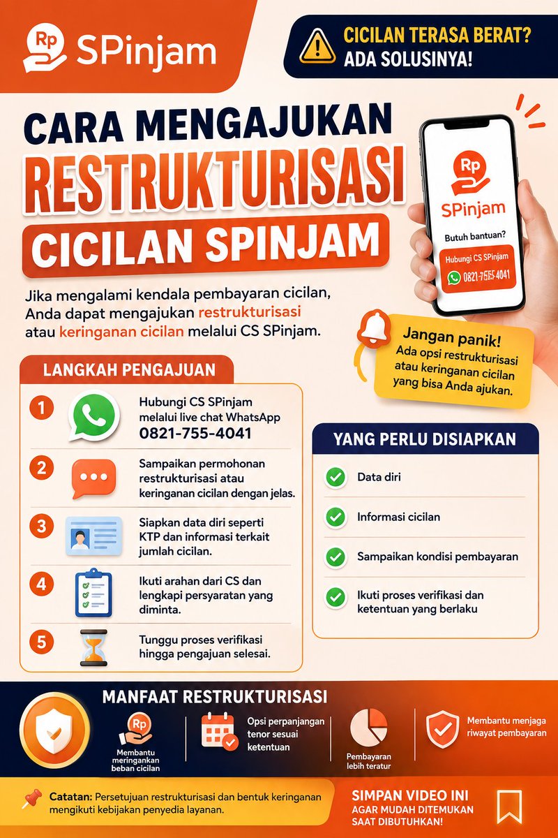 SPinjam_Ind's tweet photo. Cara mengajukan restrukturisasi cicilan SPinjam? Hubungi CS SPinjam live chat WhatsApp 0821-755-4041, sampaikan permintaan restrukturisasi cicilan SPinjam dan siapkan data diri seperti KTP dan informasi pendukung lainnya.

#SPinjam #SPinjam_Ind #JelasTanpaJebakan #SPinjamanPertama