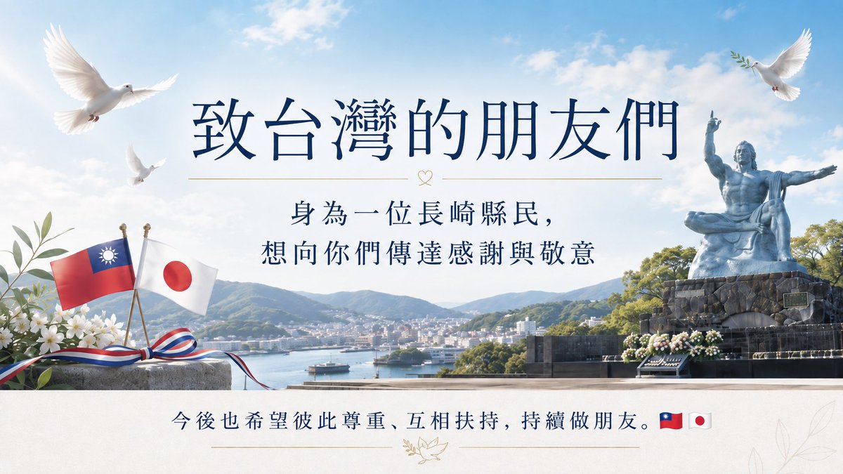 yujihosaka's tweet photo. 致台灣的朋友們
身為一位長崎縣民，我想向你們表達我的心意。
8月9日の長崎平和祈念式典での台湾代表への対応について、長崎県民の一人として本当に残念に思っています。

台湾では長崎への厳しい批判や「もう長崎には行きたくない」という声が上がっていることも知っています。長崎に住む一人として、悲しく、申し訳ない気持ちです。

今回の対応が長崎県民すべての気持ちではありません。台湾は、互いに尊重し助け合える大切な友人だと私は思っています。🇹🇼🇯🇵

私自身、今回の件について台湾の方々の投稿をいくつも目にしました。

「もう長崎には行きたくない」という言葉を見ると、本当に悲しく思います。それほど台湾の皆さんを失望させる結果になってしまったことについて、長崎に住む一人として申し訳ない気持ちがあります。

長崎市に中国への配慮や、何らかの政治的な意図があったのかどうかは、私には分かりません。

ただ、意図がどうであったとしても、結果として台湾の方々に「軽く扱われた」「尊重されていない」と感じさせ、代表が抗議して欠席する事態になったことは、長崎市として重く受け止めるべきだと思います。

台湾はこれまで、災害をはじめ日本が困った時に、何度も温かい支援を寄せてくれました。

私は、そのことを忘れてはいけないと思っています。

台湾は日本にとって、単なる一つの外国というだけではなく、困った時には互いに助け合い、互いを尊重できる大切な友人だと私は思っています。

だからこそ今回のことで、台湾の皆さんが長崎そのものを嫌いになってしまうとしたら、それが何より悲しいです。

台湾の皆さんに知ってほしいことがあります。

台湾に感謝している長崎県民もいます。
台湾が好きな人もいます。
台湾の皆さんに、これからも長崎に来てほしいと思っている人もいます。

私もその一人です。

平和を世界に訴え続けてきた長崎だからこそ、政治的な立場を越えて相手の尊厳を大切にし、友人に対してきちんと敬意を示す場所であってほしいと思います。

今回のことを長崎市には真摯に振り返ってもらい、これからの行動で台湾への敬意と友好の意思を示してほしいです。

そして台湾の皆さんには、これまで日本に寄せてくださった友情と支援に、一人の長崎県民として改めて感謝を伝えたいです。

謝謝台灣一直以來對日本的友情與支持。
我真心希望，今後台灣與日本、台灣與長崎，也能繼續彼此尊重、互相扶持，成為彼此重要的朋友。🇹🇼🇯🇵
