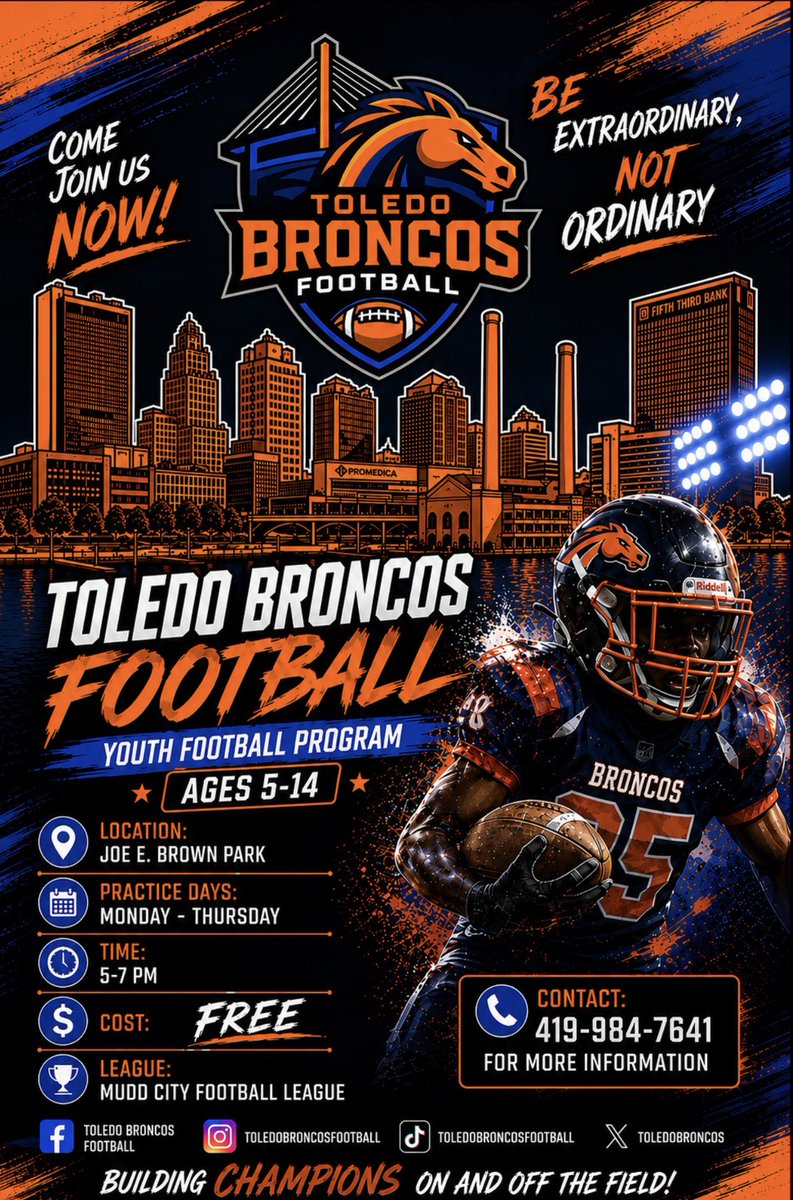 ToledoBroncos's tweet photo. Come join us today for FREE!!! #toledobroncosfootball #freefootball #toledoohio #fyp https://t.co/wXXweYyLEe
