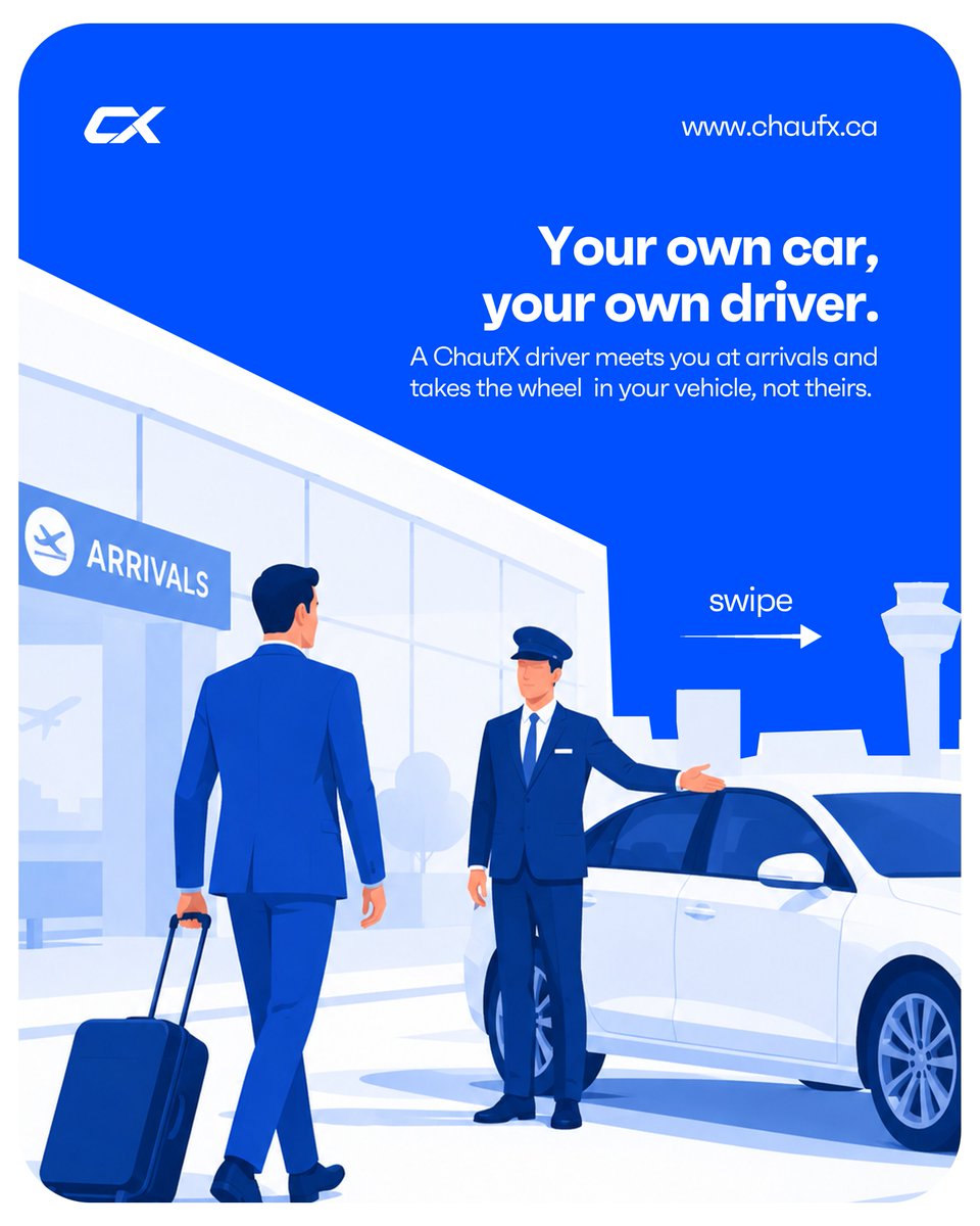 ChaufX_'s tweet photo. Landing at Toronto Pearson this weekend? Skip the taxi queue and rental counter.
A ChaufX driver has your own car waiting at arrivals. Flat-rate airport pickups across the GTA, no surge pricing. Book ahead at info@chaufx.ca. #TorontoPearson #GTA #ChaufX https://t.co/FLk8NdxAl7