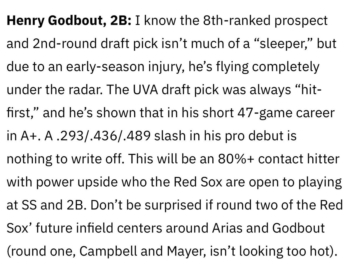 2thebigs's tweet photo. Henry Godbout (BOS) 🆙 to AA

The early season injury has him going under-the-radar. Not for long, here’s what I had to say about him earlier this season and why I think the Arias-Godbout combo should have Sox fans thrilled https://t.co/WZBTfnXX92