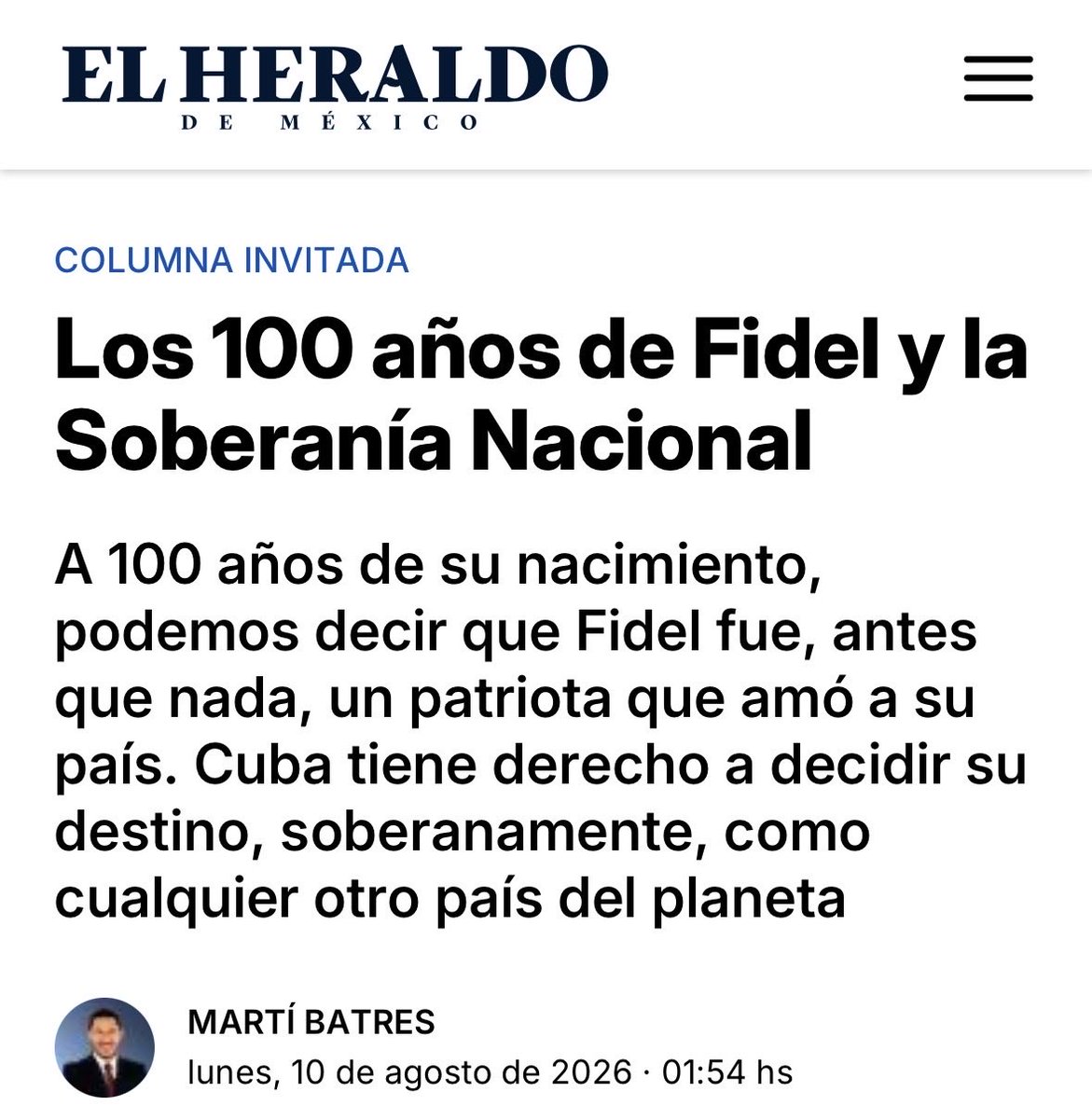 martibatres's tweet photo. El 13 de agosto se cumplirán 100 años del nacimiento de Fidel Castro, uno de los más importantes líderes políticos del siglo XX. La esencia de su vida podría resumirse en el amor a su patria, Cuba, y la lucha por hacerla un país independiente y soberano.

https://t.co/Qg1MtgkgYO https://t.co/HboOp4NPss