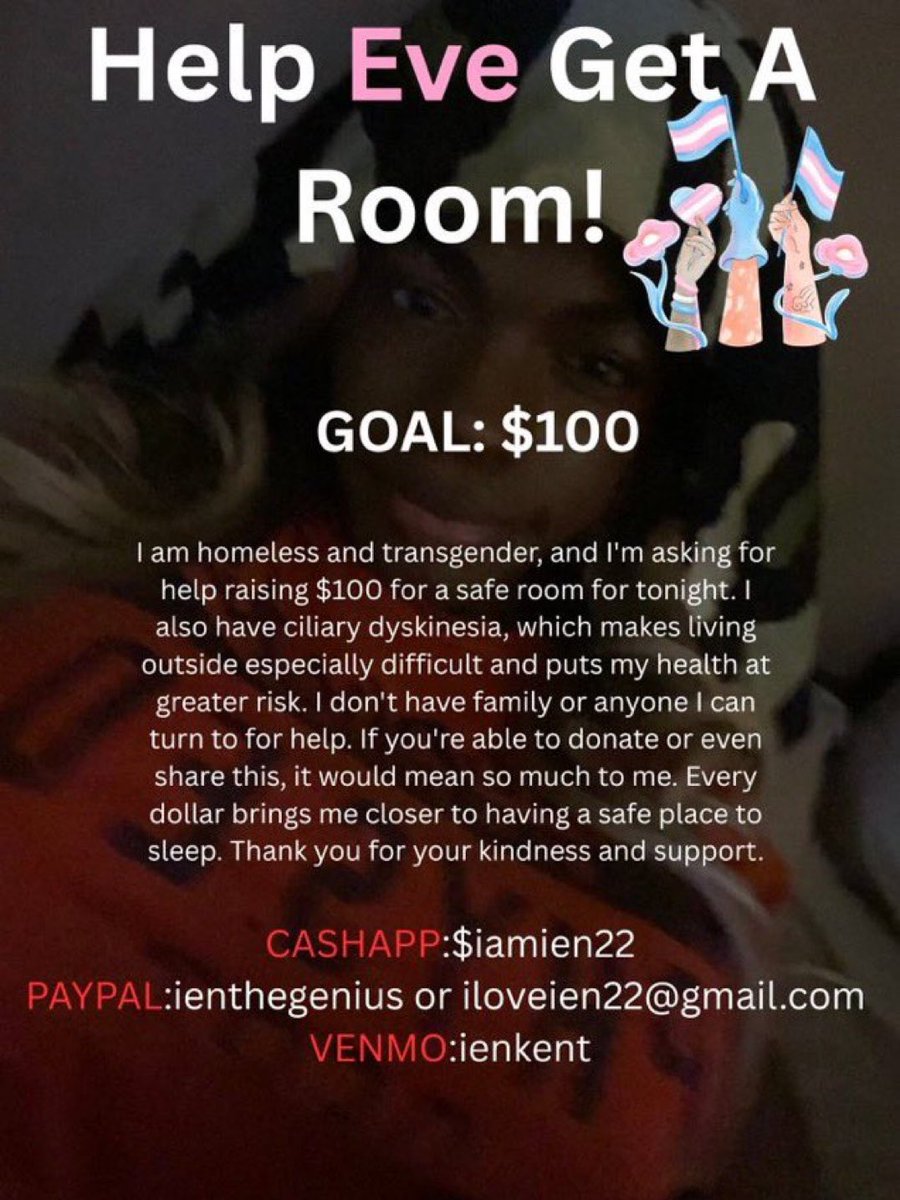 HeyImReallyDrew's tweet photo. Please share to help an unhoused Black Trans Woman!

All donation sizes appreciated! https://t.co/Ph5SlmFiSP