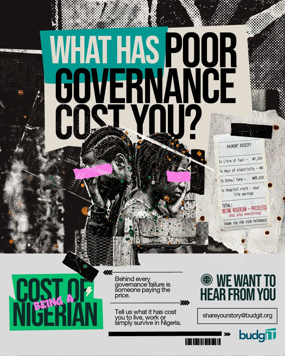 BudgITng's tweet photo. Dear Young Nigerians,

Think about the things you have had to spend more on, wait longer for or give up because of the realities of living in Nigeria.

Maybe it is the transport fare that went up after the latest fuel increase. The rising price of food. The cost of keeping your phone charged. The hours spent on the road because of bad infrastructure. Or an opportunity you had to let go because you simply could not afford it.

These everyday realities can shape how we live, work, study, earn and plan for the future.

With International Youth Day coming up on August 12, we want to hear your story.

What has being Nigerian cost you?

Tell us what it has cost you at shareyourstory@budgit.org.

Your story can help put a face to the numbers and show what these realities look like for young Nigerians.

#InternationalYouthDay #ShareYourStory #GetInvolved