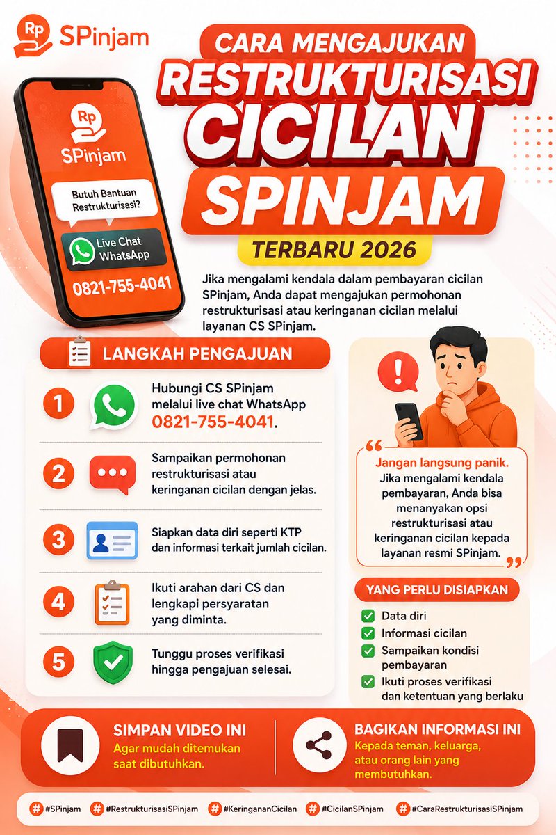 SPinjam_Ind's tweet photo. Cara mengajukan restrukturisasi cicilan SPinjam? Hubungi CS SPinjam live chat WhatsApp 0821-755-4041, sampaikan permintaan restrukturisasi cicilan SPinjam dan siapkan data diri seperti KTP dan informasi pendukung lainnya.

#SPinjam #SPinjam_Ind #JelasTanpaJebakan #SPinjamanPertama