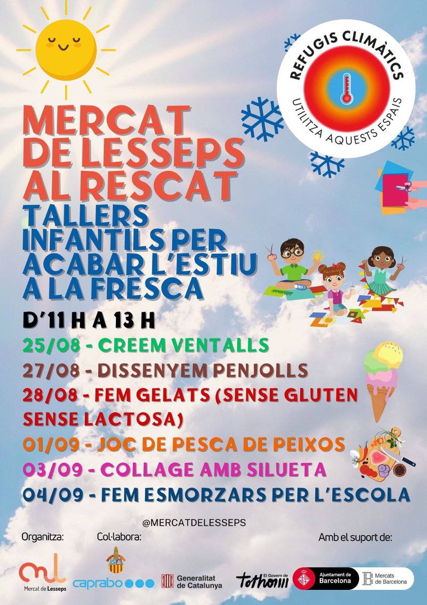 mercatdelesseps's tweet photo. ☀️ Mercat de Lesseps al rescat!

Del 25/08 al 04/09, tallers infantils per acabar l’estiu a la fresca: manualitats, gelats, jocs i esmorzars per l’escola. 🎨🍦🐟

🕚 D’11 a 13 h
📍 Mercat de Lesseps

#MercatDeLesseps #MercatsDeBarcelona #FemBarri https://t.co/nqwzJz4yiY