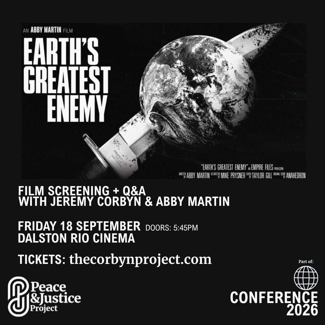 corbyn_project's tweet photo. 🍿FILM SCREENING: Earth's Greatest Enemy

Join us for a very special film screening at @riocinema on Friday 18 September, with Q&amp;A with @jeremycorbyn and @AbbyMartin. 

🎟️Tickets: https://t.co/GbM3ezmroW https://t.co/35VqmWar8F