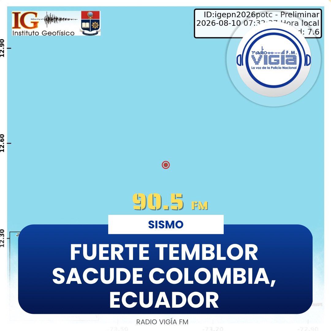 radio_vigia's tweet photo. 🚨 #URGENTE | SISMO DE MAGNITUD 7.6 🌎

El Instituto Geofísico reportó preliminarmente un sismo de magnitud 7.6 registrado este 10 de agosto de 2026, a las 07:32:37, con una profundidad de 15 kilómetros.

¿Sentiste el temblor? 

#Sismo #Temblor #Ecuador #IG #Emergencia https://t.co/FZhXlIqFJk