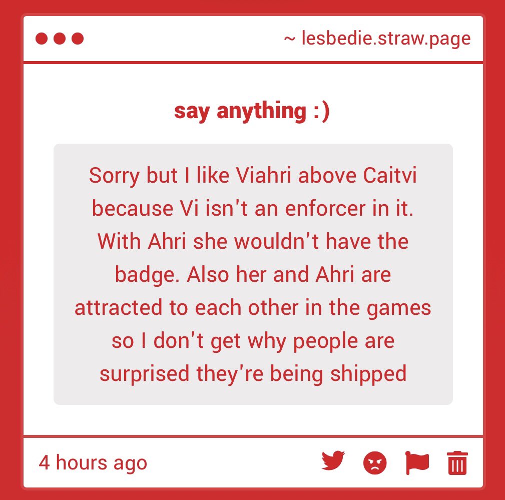 lesbedie's tweet photo. you can like viahri, but the whole basis of that ship is contingent on vi’s existence within games where her moniker is “the piltover enforcer,” so yes she still is one within it. this idea that caitlyn is the only reason vi is an enforcer— https://t.co/XOsxBmC9sV