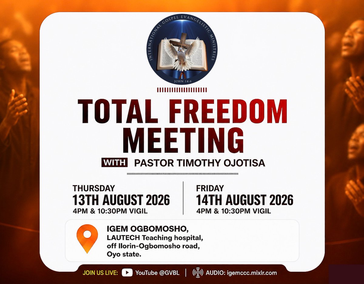 igemcity's tweet photo. Your freedom is not far away!
Join us at the Total Freedom Meeting for a powerful encounter with God. Come believing, come expectant, and come ready for a new beginning!
#igemccc #TotalFreedomMeeting #TotalFreedom #FreedomInChrist #JesusSetsFree #DivineEncounter #FreedomIsHere https://t.co/YgSWs4KYzU