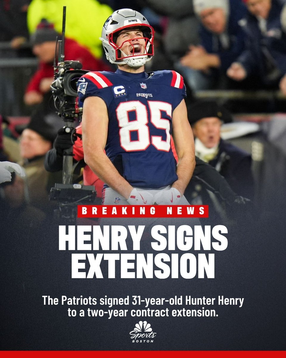 NBCSBoston's tweet photo. Hunter Henry will be sticking around in New England.

The veteran tight end signed a two-year contract extension that keeps him with the Patriots through 2028. More details here: 🔗  https://t.co/2rwI1P6u22 https://t.co/hQSFpj0LF5
