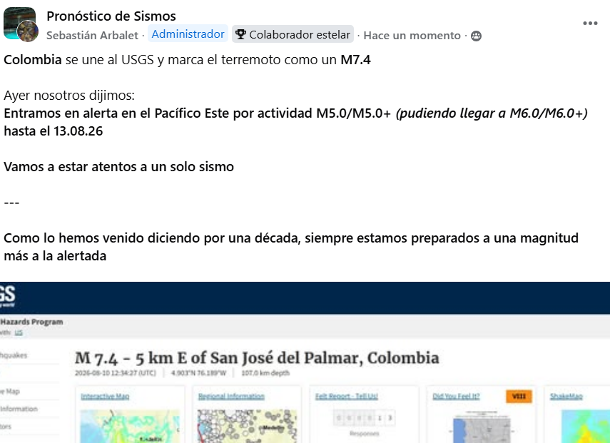 SismoPronostico's tweet photo. #Colombia se une al USGS y marca el terremoto como un M7.4

Ayer nosotros dijimos:
Entramos en alerta en el Pacífico Este por actividad M5.0/M5.0+ (pudiendo llegar a M6.0/M6.0+) hasta el 13.08.26

Vamos a estar atentos a un solo #sismo https://t.co/qg1ZvcyPB3