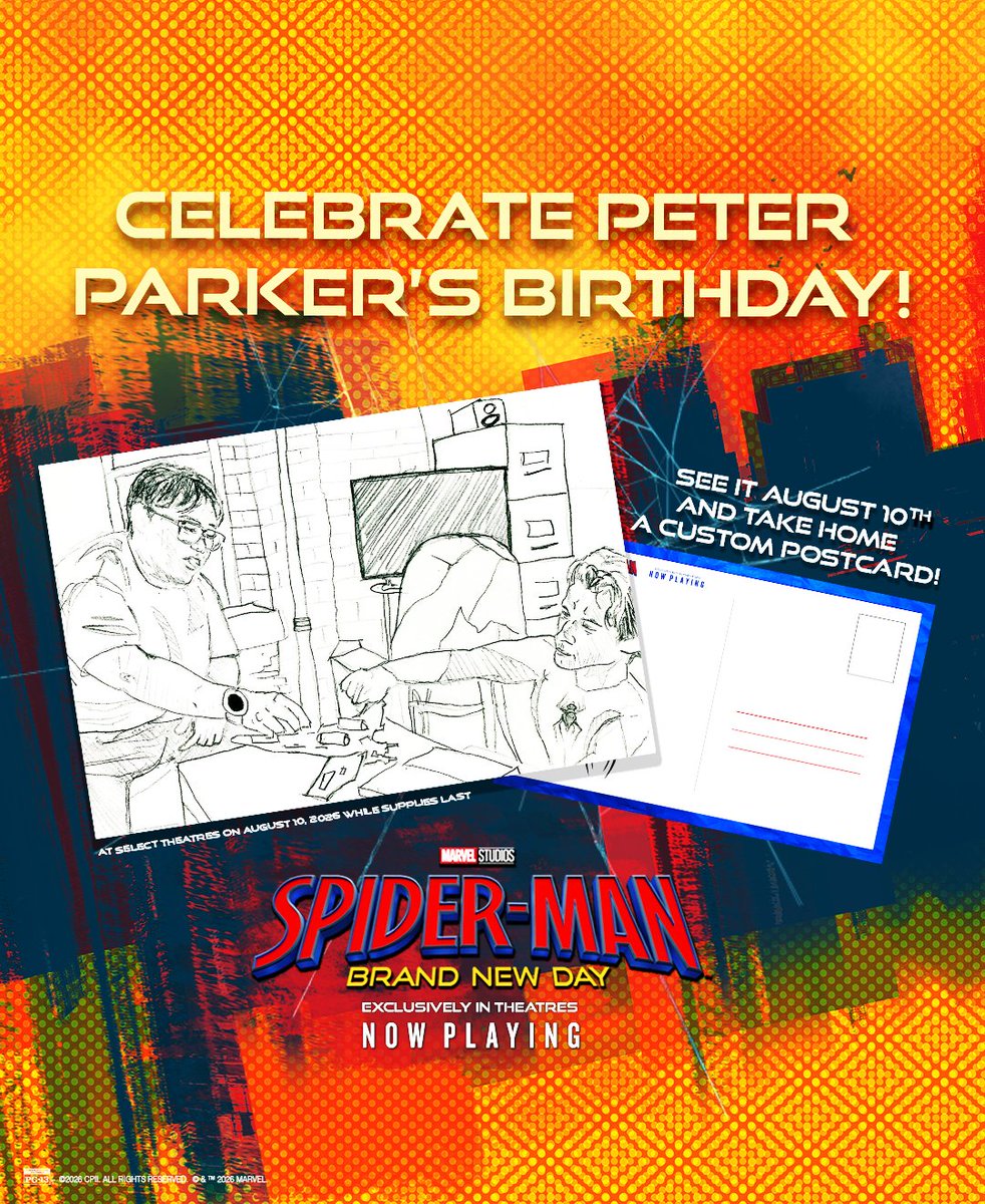 RegalMovies's tweet photo. Happy Birthday Peter Parker! 🎂 

Celebrate by seeing Spider-Man: Brand New Day at Regal and taking home a custom postcard!

*At select locations, while supplies last, today only.*

Get tickets now: https://t.co/331RRBrvEc https://t.co/KapK0UTISc