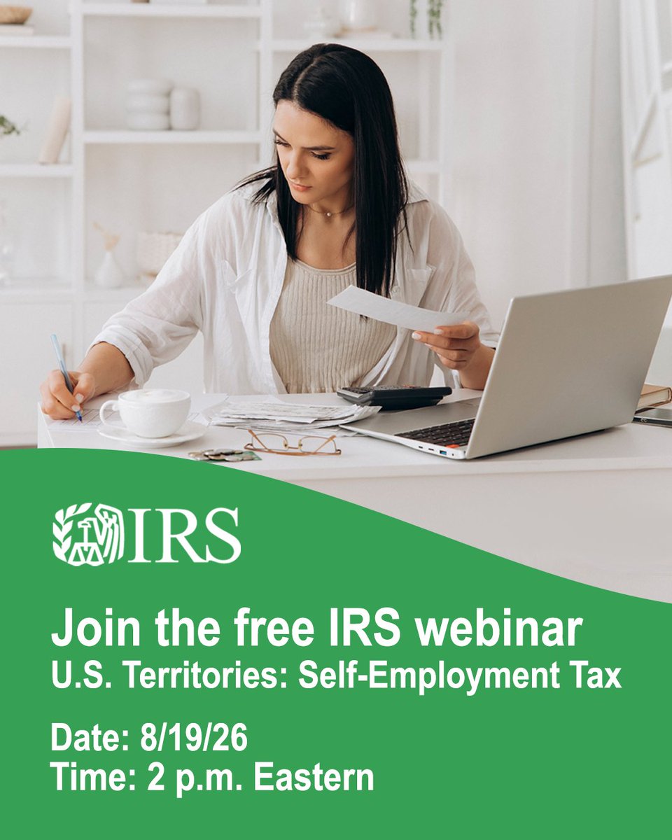 IRStaxpros's tweet photo. #TaxTwitter: Join the free #IRS webinar, U.S. Territories: Self-Employment Tax, on August 19 at 2 p.m. Eastern. #TaxPros can earn up to one CE credit. Learn more and register here: https://t.co/k1GpEXs5tl https://t.co/fUJIELld5e