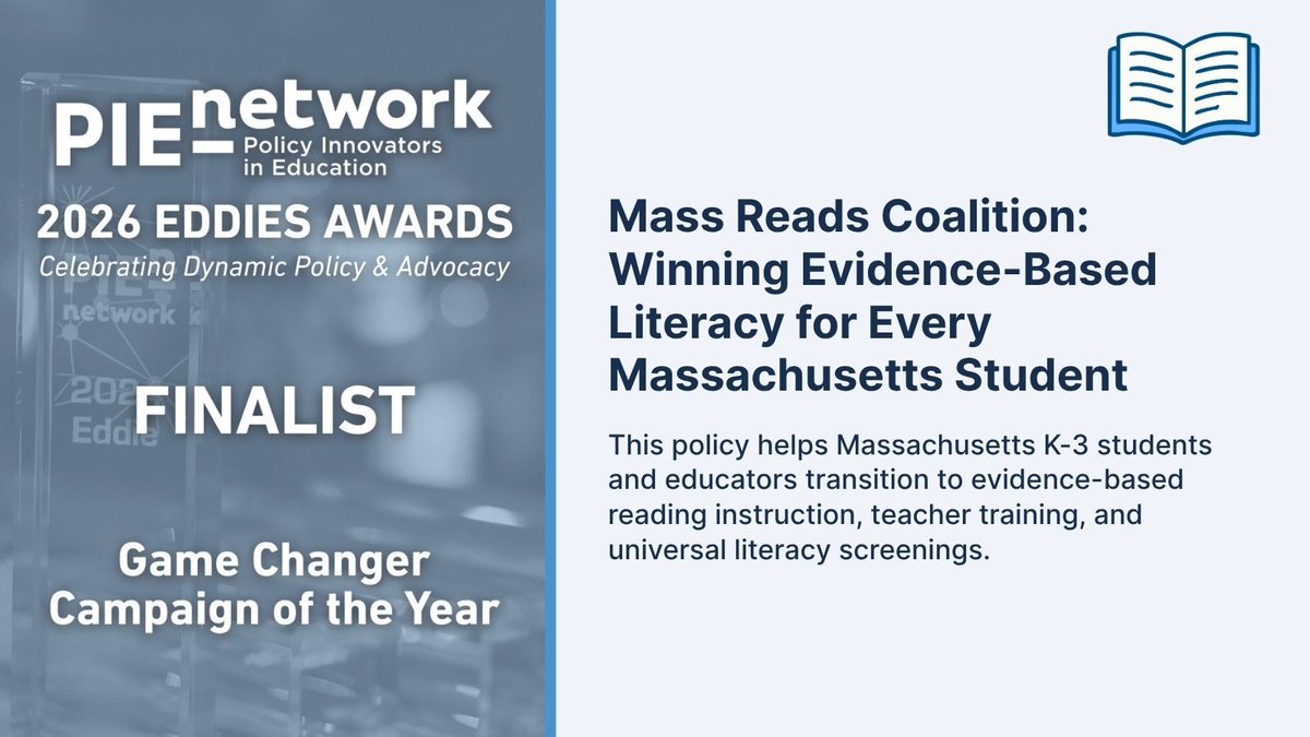 NCTQ's tweet photo. Exciting news: The Mass Reads Coalition is a finalist for the 2026 @PIEnetwork Eddie for Game Changer Campaign of the Year! 🎉 NCTQ is proud to be part of this coalition, which advanced the Right to Read Act and won evidence-based literacy instruction for all MA students. https://t.co/E6o4ZljUkh