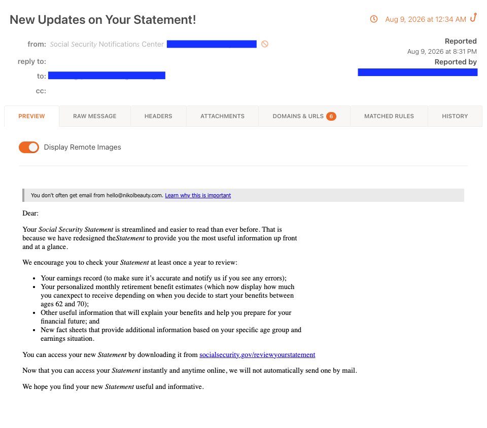 Kb4Threatlabs's tweet photo. From a Direct Link to a Staged Chain: How RMM Delivery Has Evolved

KnowBe4 ThreatLabs is tracking an RMM delivery campaign that disguises a preconfigured remote access installer as a silent Windows Defender update  dropped through a staged VBS-to-PowerShell chain triggered by a Social Security Administration impersonation lure.

The email impersonates the SSA and directs the recipient to download what appears to be an electronic statement. The download delivers an archive containing eStmt_2026-08-10021254.vbs,  an obfuscated script that reaches out to landoflawns[.]com/.July to pull the next stage.

Attack Chain: 

The campaign opens with a phishing email impersonating the Social Security Administration. The body directs the recipient to download what appears to be an electronic statement.

Initial Access:  An SSA-impersonating phishing email tricks recipients into downloading a malicious electronic statement.

Delivery:  An archive containing an obfuscated script named as eStmt_2026-08-10021254.vbs is downloaded to fetch the next attack stage.

Execution and Evasion: The VBS script downloads BrowserCore.mp3, a PowerShell script disguised as media to evade detection. The encoded Final payload URL is decoded and concatenated in memory to bypass static scans and decrypt code at runtime.

Payload Drop: The payload is written to disk, bypassing User Account Control for elevated privileges.

Outcome: The installer executes silently using /quiet /norestart flags, granting the attacker covert, persistent remote access.

IoCs — block/hunt:

peacelovers[.]es/August - Domain hosting VBS payload
landoflawns[.]com/.July - Domain hosting Powershell payload
eStmt_2026-08-10021254.vbs - e84ec80f900a629e61a8af8323106dba506b0f40b6b3f295e4637251f842d7af
BrowserCore.mp3 - 77458f4302ce2ac6ed426659f4a57191b03312a90cdeebd21ad75ac1327cd0d0

#KnowBe4ThreatLabs #RMM #PhishingKit #ThreatIntel #Phishing #CyberSecurity #IOC
---