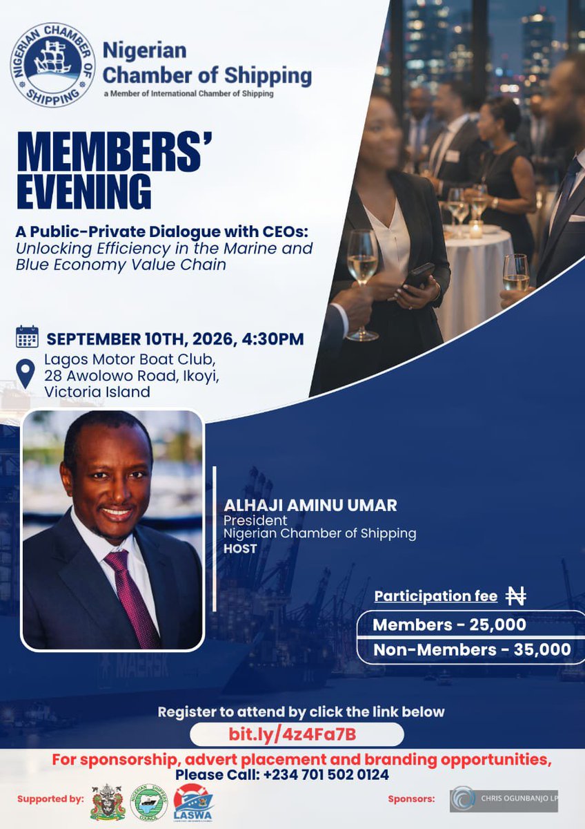 NGShipping's tweet photo. ⚓ Shaping the Future of Nigeria’s Marine &amp; Blue Economy

Nigeria’s marine and blue economy has enormous potential. 

👉 Register today and be part of the conversation: https://t.co/a0LSbeYPZA⁠

#MembersEvening2026 #MarineEconomy #BlueEconomy #Shipping #Maritime #Nigeria https://t.co/RwAwiwrT2w