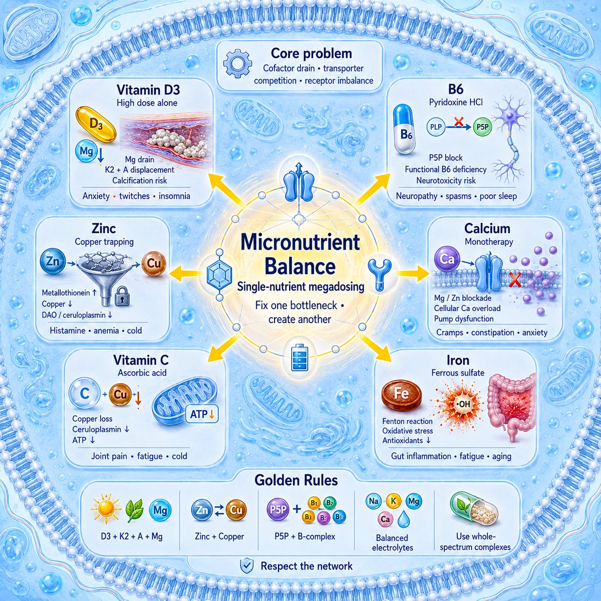 biohackerziv's tweet photo. Never take high doses of any vitamin or mineral in isolation.

It will give you immediate, acute benefits because you just fixed a defeciency—but it will hurt you later.

Micronutrients do not act as isolated pharmaceutical drugs. They operate in tightly coupled, non-linear biological networks. When you dump a massive dose of a single isolated nutrient into your system, three destructive events happen:

Enzymatic Cofactor Exhaustion: You force specific metabolic pathways to run at maximum speed, rapidly burning through all the secondary nutrients required as cofactors for those enzymes.

Competitive Transporter Inhibition: High concentrations of one mineral outcompete and block the intestinal absorption of other structurally similar minerals at shared enterocyte transporters (like DMT1 or ZIP4).

Receptor Displacement: Overdosing one nutrient displaces its biological partner at nuclear transcription sites (like heterodimer receptors).

Here is the exhaustive scientific breakdown of the most common single-nutrient mistakes, the science behind why they fail, and the severe deficiency symptoms they induce 👇

1. Mega-Dosing Isolated Vitamin D3

The Acute Honeymoon: Rapid reduction in systemic inflammation, temporary mood elevation, and improved immune signaling.

The Downstream Mechanism:

Magnesium Depletion: Converting D3 into 25(OH)D and then into active 1,25(OH)2D requires two separate magnesium-dependent hydroxylation steps (via 25-hydroxylase and 1-alpha-hydroxylase). High D3 aggressively drains systemic magnesium pools.

Tissue Calcification: D3 hyper-activates intestinal calcium absorption. Without Vitamin K2 (MK-4/MK-7) to carboxylate Matrix Gla Protein (MGP) and Osteocalcin, free calcium deposits into soft tissues, blood vessels, and the scalp instead of bone.

Retinol Displacement: Vitamin D3 binds to the Vitamin D Receptor (VDR), which must pair with the Retinoid X Receptor (RXR). Excessive D3 monopolizes RXR sites, driving a functional Vitamin A (Retinol) deficiency.

Induced Deficiency Symptoms: Severe anxiety, muscle twitches, heart palpitations, insomnia (Magnesium depletion); scalp calcification, hair loss, arterial stiffness (Vitamin K2 depletion); dry eyes, impaired night vision, and degraded mucosal immunity (Vitamin A displacement).

2. High-Dose Isolated Zinc

The Acute Honeymoon: Rapid skin clearing, boosted testosterone, and immediate antiviral defense.

The Downstream Mechanism:

Copper Trapping: Zinc stimulates the synthesis of a binding protein called Metallothionein in mucosal enterocytes. Metallothionein has a significantly higher binding affinity for Copper than for Zinc. It binds intestinal copper, trapping it inside mucosal cells until they are shed in the stool, causing severe copper depletion.

Impaired Iron Oxidation: Copper is required to form Ceruloplasmin and Hephaestin—the ferroxidase enzymes that convert toxic Fe2+ (ferrous iron) into usable Fe3+ (ferric iron) for transport.

Induced Deficiency Symptoms: Severe histamine intolerance and food allergies (due to the shutdown of the copper-dependent Diamine Oxidase / DAO enzyme), histamine-driven anxiety, loss of collagen cross-linking, cold hands and feet, neutropenia, and microcytic anemia.

3. Mega-Dosing Ascorbic Acid (Synthetic Vitamin C)

The Acute Honeymoon: Spike in circulating antioxidants and temporary immune relief.

The Downstream Mechanism:

Copper Cleansing & Ceruloplasmin Collapse: Synthetic ascorbic acid at high concentrations disrupts the binding of copper to Ceruloplasmin, stripping bioavailable copper out of circulation and lowering systemic ferroxidase activity.

Mitochondrial Dysfunction: Without copper, Complex IV (Cytochrome c Oxidase) in the mitochondrial electron transport chain stalls, crashing cellular ATP production.

Induced Deficiency Symptoms: Joint pain, loss of vascular integrity, histamine flares, impaired T4-to-T3 thyroid conversion, cold intolerance, and chronic central fatigue.

4. Inactive Vitamin B6 (Pyridoxine HCl) Monotherapy
The Acute Honeymoon: Brief boost in neurotransmitter synthesis and vivid dream recall.

The Downstream Mechanism:

The B6 Toxicity Paradox: Pyridoxine HCl is an inactive synthetic form that must be converted into active Pyridoxal-5-Phosphate (P5P) by the liver enzyme Pyridoxal Kinase. High doses of Pyridoxine HCl saturate Pyridoxal Kinase and act as a competitive antagonist, blocking active P5P from binding to its target enzymes.

Functional P5P Shutdown: This induces a functional, tissue-level P5P deficiency despite high circulating blood levels of total B6.

Induced Deficiency Symptoms: Peripheral neuropathy (numbness, burning, or tingling in hands and feet), depression, loss of GABA synthesis (internal restlessness), muscle spasms, and severe sleep fragmentation.

5. High-Dose Calcium Monotherapy

The Acute Honeymoon: Temporary relief from muscle cramping or perceived bone support.

The Downstream Mechanism:

Transporter Blockade: High luminal calcium directly outcompetes Magnesium and Zinc for binding at the divalent metal transporter 1 (DMT1) in the gut.

Cellular Voltage Collapse: Excess systemic calcium without equal Magnesium impairs the cell-surface Na+/K+-ATPase and Ca2+-ATPase pumps. Calcium floods inside cells, locking smooth muscle cells into contraction and forcing cells into low-energy glycolysis.

Induced Deficiency Symptoms: Muscle cramps, arterial spasm, severe constipation, elevated stress hormones (cortisol/adrenaline), and extreme anxiety.

6. High-Dose Isolated Iron (Ferrous Sulfate)

The Acute Honeymoon: Temporary rebound in hemoglobin and short-term fatigue relief.

The Downstream Mechanism:

Fenton Reaction Toxicity: Unbound ferrous iron (Fe2+) reacts with hydrogen peroxide via the Fenton reaction, producing massive amounts of highly destructive hydroxyl free radicals.

Antioxidant Exhaustion: This oxidative cascade rapidly depletes tissue stores of Vitamin E, Vitamin C, and Glutathione, while irritating the intestinal mucosa and feeding opportunistic pathogens in the gut lumen.

Induced Deficiency Symptoms: Gut dysbiosis (SIBO flares), severe intestinal inflammation, lipid peroxidation, suppressed thyroid output, accelerated tissue aging, and worsening systemic fatigue.

Also, you should get your iron from food. Iron supplements always cause issues.

The Golden Rules of Micronutrient Synergy

Stop treating vitamins like blunt pharmaceuticals. Nutrient therapy must always follow foundational biological pairings:

Vitamin D3 must always be paired with Vitamin K2, Vitamin A, and Magnesium.

Zinc must always be balanced with Copper (typically at a 10:1 or 15:1 ratio).

Vitamin B6 should only be taken in its active P5P form alongside a balanced B-Complex to saturate all Krebs cycle cofactors.

Electrolytes must be consumed in proper biological ratios (2:1 Potassium-to-Sodium, balanced with Magnesium to fuel the Na+/K+-ATPase pump).

Fixing a deficiency with an isolated mega-dose is just borrowing energy from another metabolic pathway. Respect the network, take whole-spectrum complexes, and preserve your cellular bioenergetics.