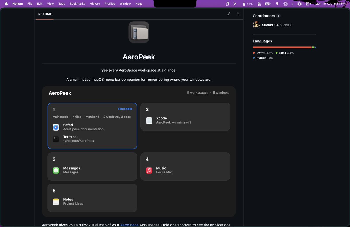asquirous's tweet photo. I built AeroPeek, a little macOS tool to see my AeroSpace workspaces and the windows in them at a glance.

Came in really handy when I started using a WM again after a year or so

Thanks @nikitabobko for making such a great WM!

GitHub: https://t.co/eEpfLxWZyK https://t.co/3KVOlueLlP