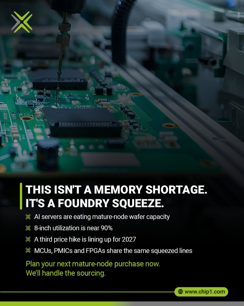 chip1exchange's tweet photo. The next semiconductor squeeze may start with “stable” components.

Mature nodes still power MCUs, PMICs, FPGAs and critical automotive and industrial parts. As AI absorbs more wafer capacity, buyers should check exposure early.

See live market signals in Chip 1.

#CHIP1 https://t.co/tww6I2mE3h