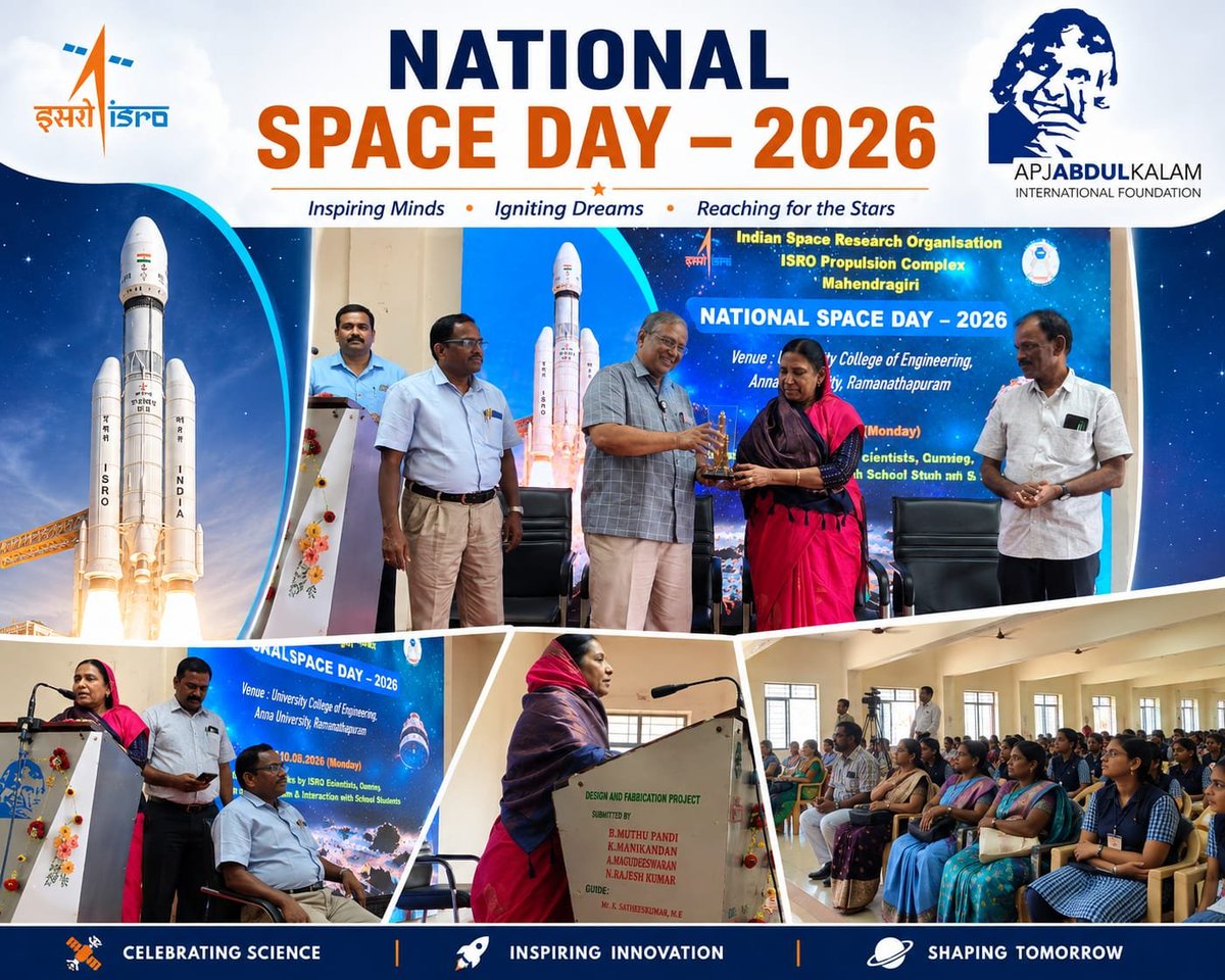 APJAbdulKalam's tweet photo. 🚀 தேசிய விண்வெளி தினம் 2026 🇮🇳
ராமநாதபுரத்தில் நடைபெற்ற நிகழ்வில் APJ Abdul Kalam International Foundation தலைவர் APJMJ நஜீமா மரைக்காயர் சிறப்பு விருந்தினராக பங்கேற்றார்.

இளம் மனங்களில் விண்வெளிக் கனவுகளை விதைத்த சிறப்பான நாள்! 🌌🚀

#NationalSpaceDay2026 #ISRO #APJAbdulKalam https://t.co/afoxX1COpz