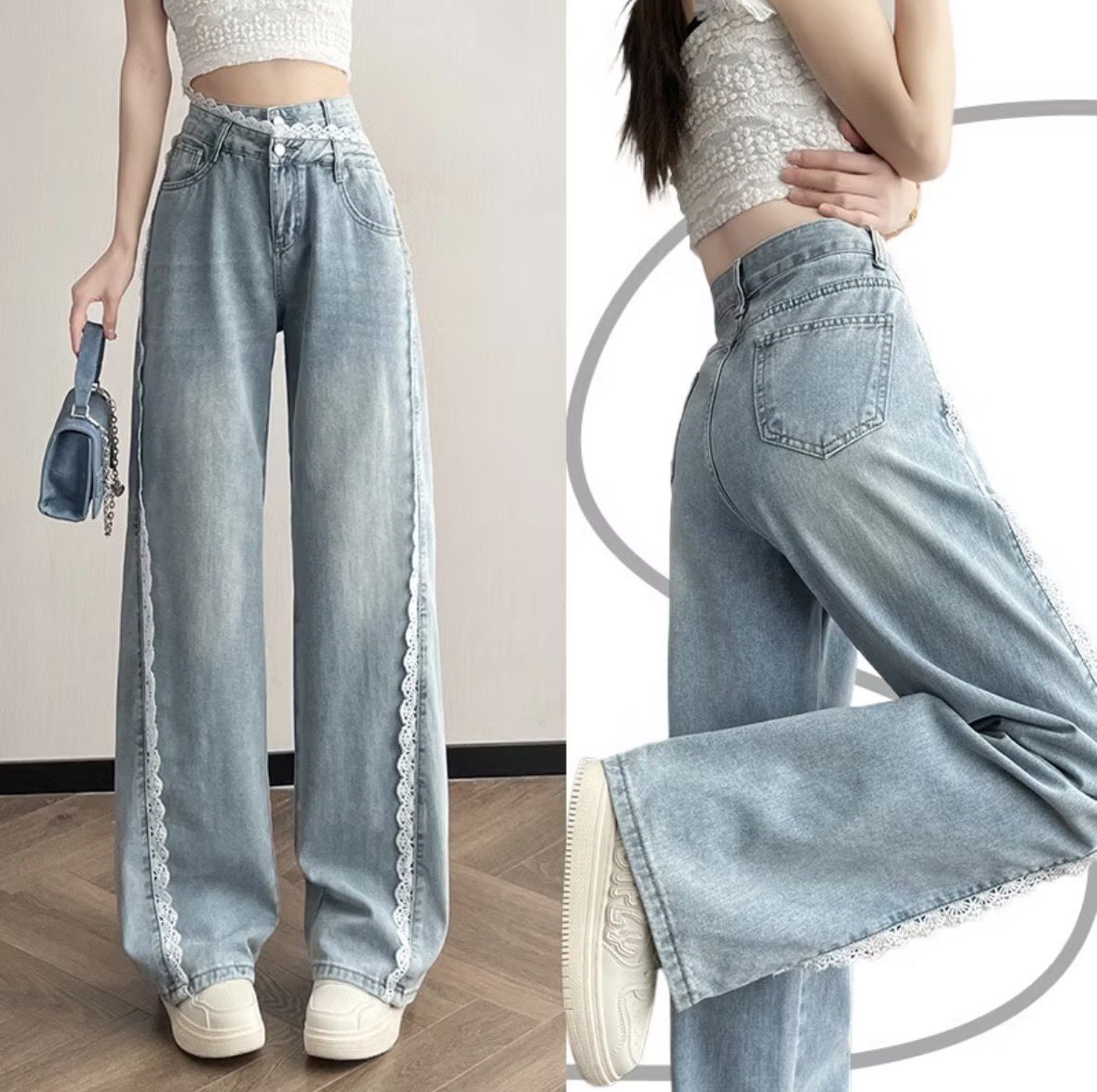 acasupercute's tweet photo. WTS Celana Jeans Model Korea Wide Leg Lace Detail High Waist
Like new cuma baru dicoba doang. Cakep banget ini😍 
Size 2XL (Lp 82, Lph 64, Pj 102).

💸130.000
Bisa shopee (cod by req) https://t.co/QJO2qiNMjj
