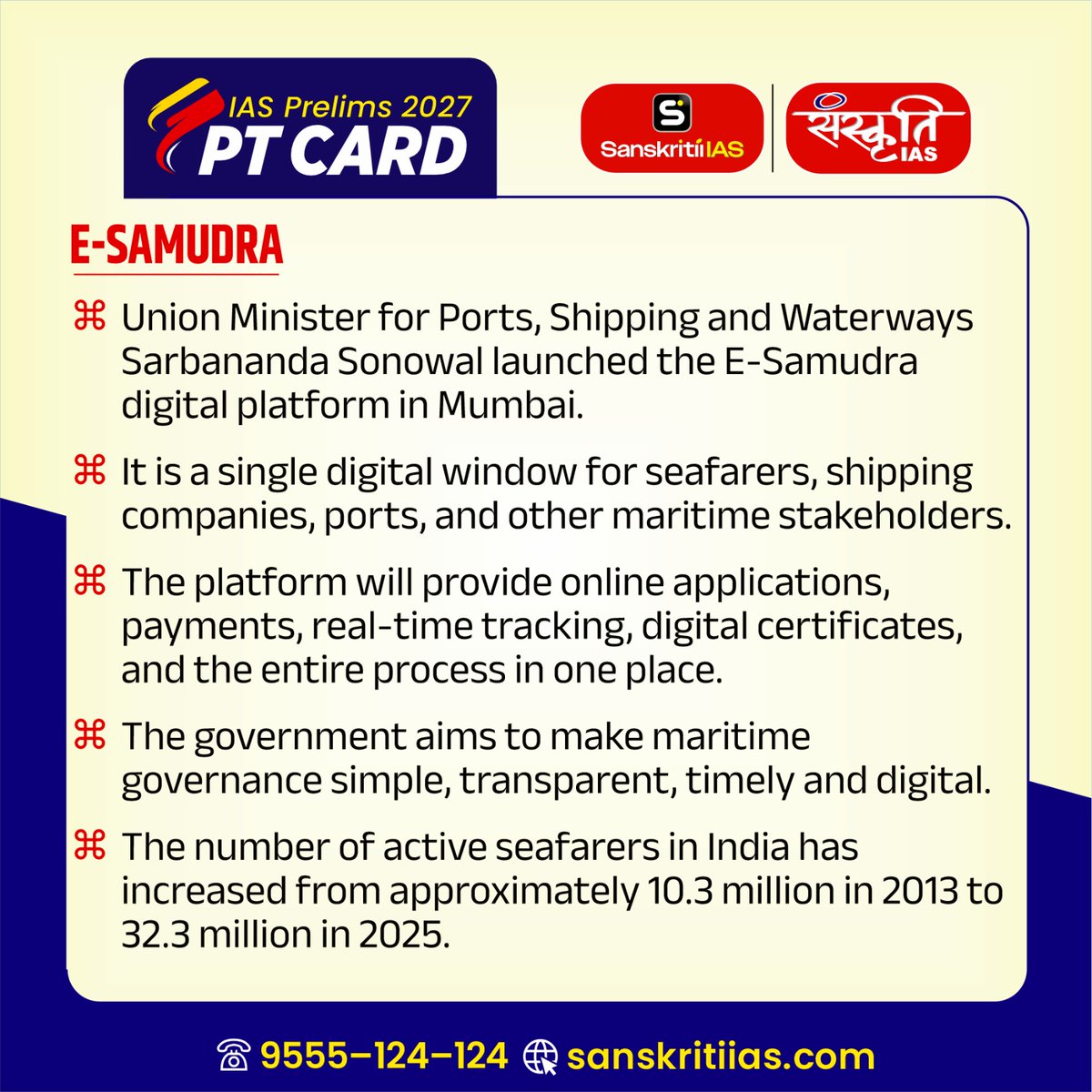 sanskritiias's tweet photo. #PT_Card
ई-समुद्र (E-SAMUDRA) | E-SAMUDRA
@sanskritiias
#ESAMUDRA #UPSC #CivilServices #Prelims #SanskritiIAS https://t.co/5dRclPxrHh