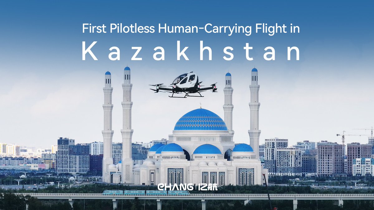 ehang's tweet photo. History made in Central Asia! EHang just completed the region's first pilotless eVTOL human-carrying flight, with Kazakhstan's Minister of Transport flying aboard the EH216-S. Our global footprint now reaches 23 countries and counting! #EHang #EH216S #eVTOL #AAM https://t.co/2FsPDvROfy