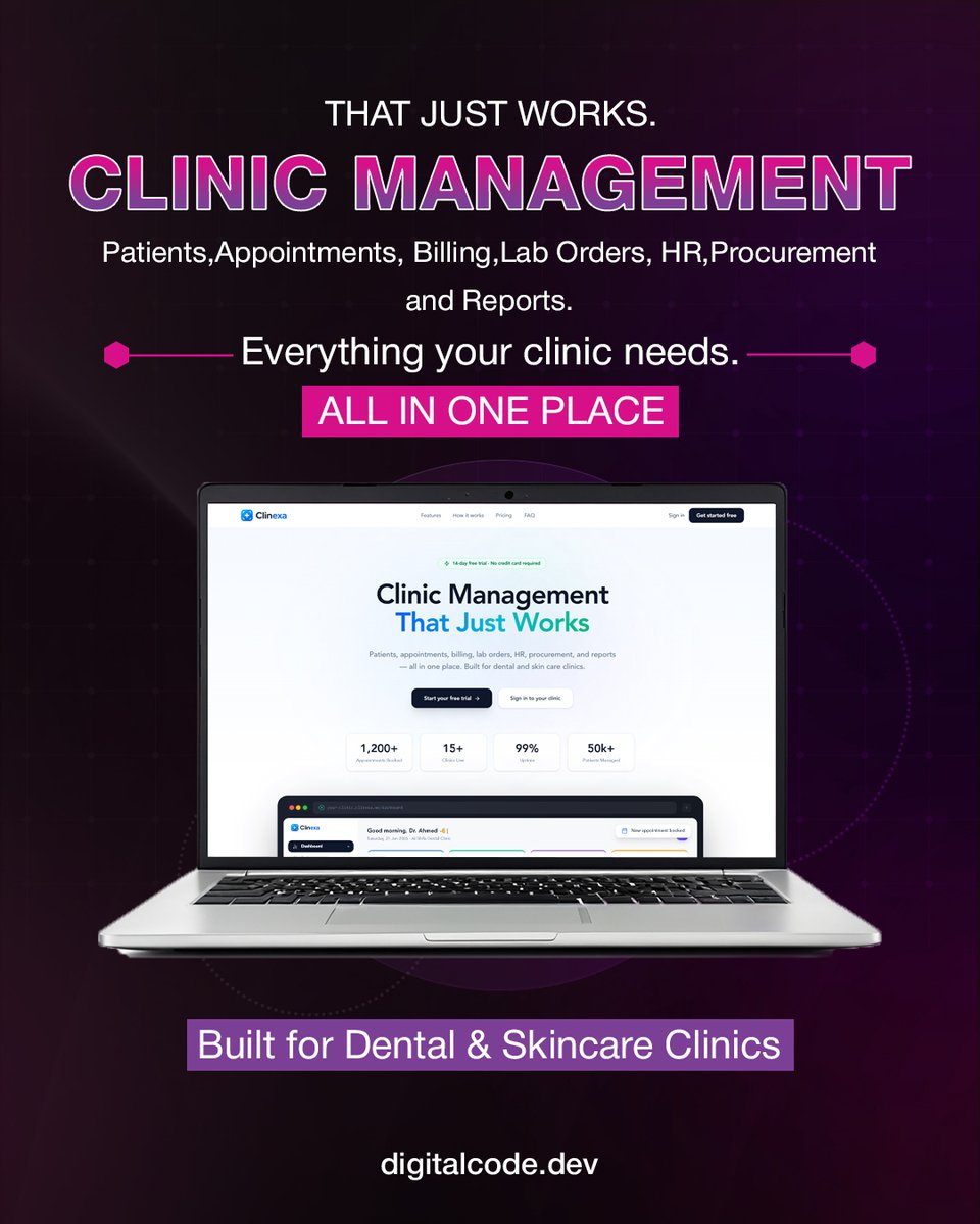 DigitalCode_Pk's tweet photo. Clinic Management That Just Works.

Patients. Appointments. Billing. Lab Orders. HR. Procurement. Reports.

Everything your dental or skincare clinic needs — all in one place.

Work smarter. Stay organized. Focus on your patients.

#Clineax #ClinicManagement #HealthTech https://t.co/mQD6BaGUtU