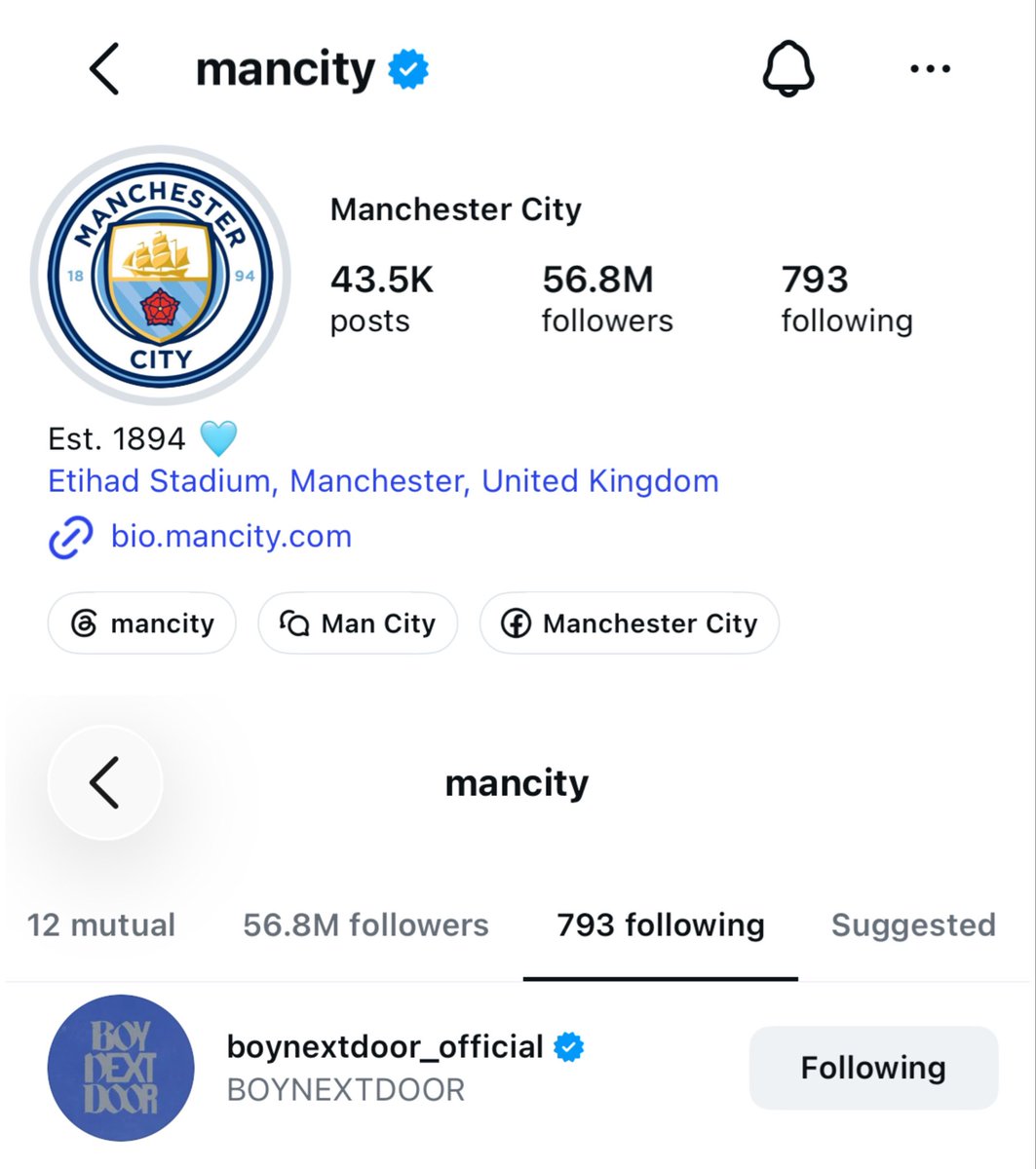 ilysmyungz's tweet photo. manchester city following boynextdoor on instagram is so cute and funny i cant i’m so sad jaehyun missed them on the preseason tour ㅠㅠ 🩵⚽️ https://t.co/D3zretXHvX