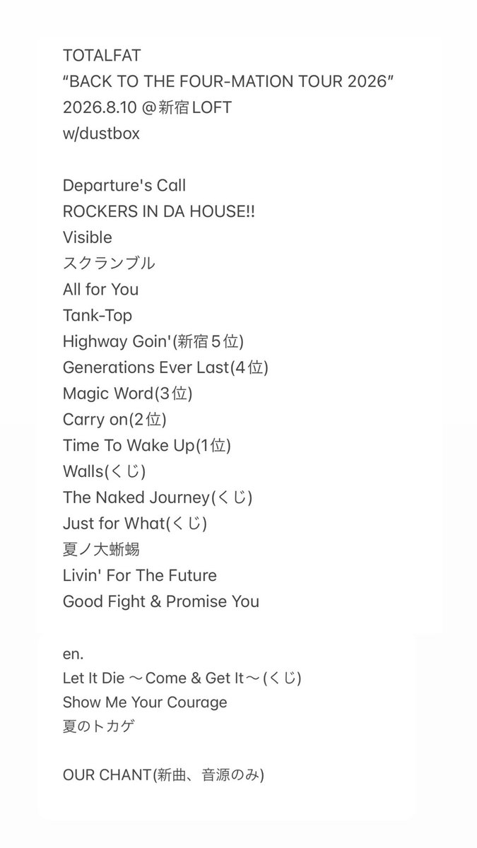 mhp1022's tweet photo. TOTALFAT
“BACK TO THE FOUR-MATION TOUR 2026”
2026.8.10 @新宿LOFT
w/dustbox
TOTALFAT セトリ https://t.co/nkxfkjKRQc