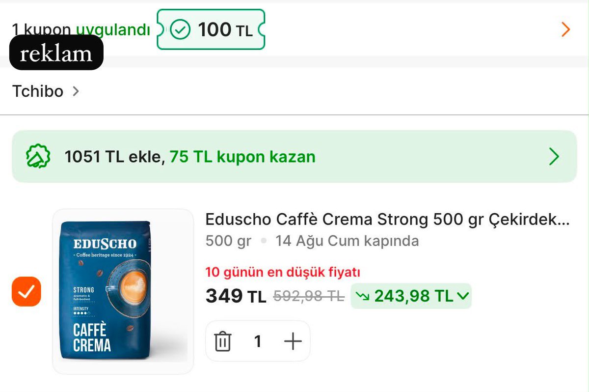 bosunayasioz's tweet photo. TCHİBO çekirdek kahvelere 400/100 kupon tanımlandı bu fiyata düştüğünü daha önce görmemiştim 
Bu seriye mutlaka bi şans veriiin

https://t.co/7XasMoF6tF https://t.co/T8k34x5nDW
