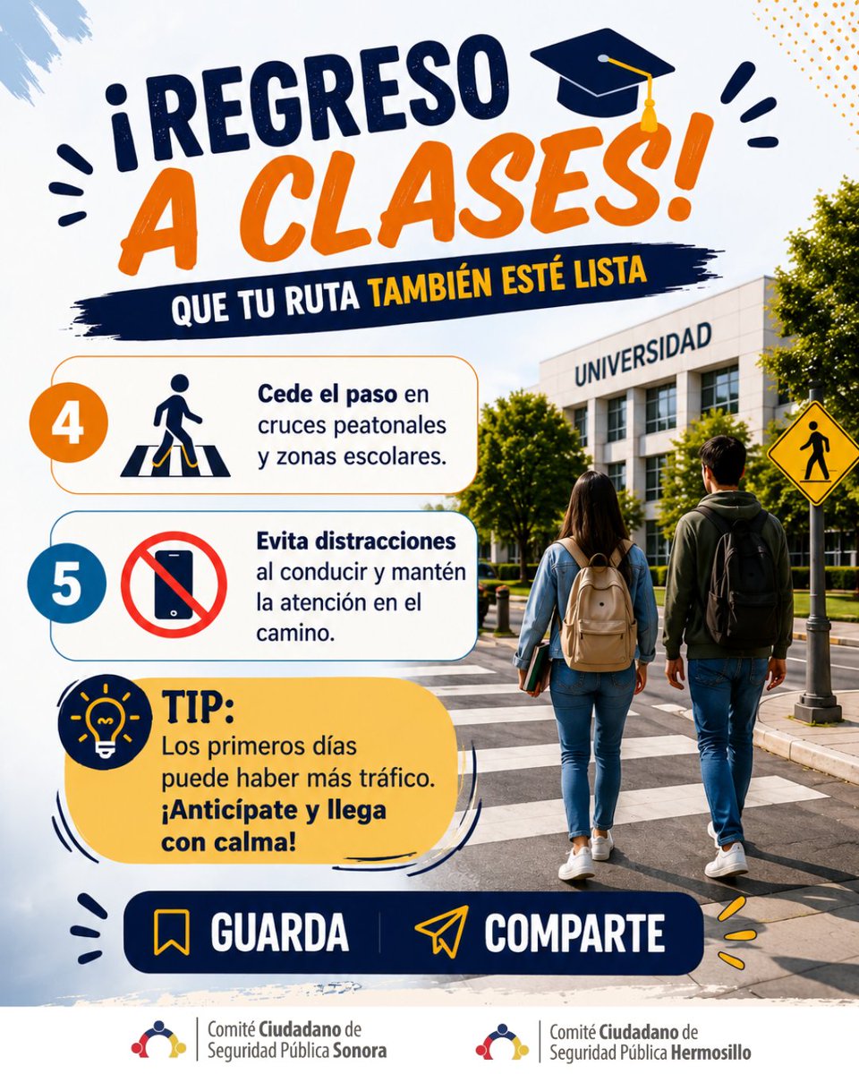 CCSPHermosillo's tweet photo. ¡Regreso a clases, ruta lista! 🚗✅
Los primeros días puede haber más tráfico. Sal con tiempo, planea tu ruta, respeta los señalamientos y mantén la atención en el camino.

📲 Guarda este carrusel y compártelo con quien regresa a clases.

#RegresoAClases #SeguridadVial https://t.co/oCs8KB1Lfs