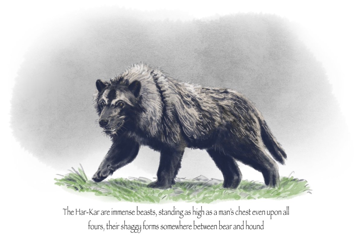 didrikmagnusand's tweet photo. The Har-Kar are immense bear-hounds, bred by the Talduurgarim as loyal hunting companions. Even on all fours they stand to a man’s chest, with powerful jaws capable of pinning a troll. To their masters they are not beasts, but members of the pack. https://t.co/O5dB6qWEiQ