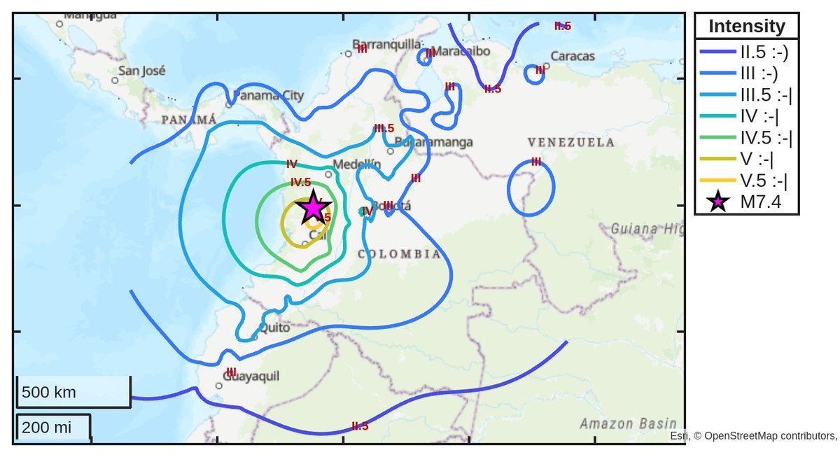 SismoDetector's tweet photo. Mapa de intensidad del #sismo M7.4 ocurrido a las 12:34:27 (UTC) con epicentro a 56 km de #Pereira, Colombia. Descarga la app Sismo Detector desde https://t.co/jS9crK4Riw para recibir alertas en tiempo real en tu smartphone https://t.co/ieMYPhGn24