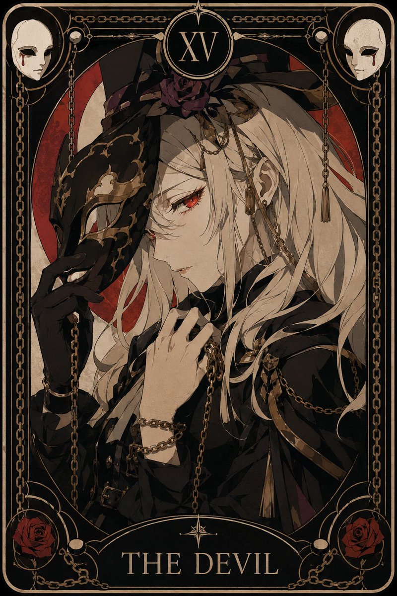 note_zakky's tweet photo. 『仮面収集家』

絡みつく鎖と、密やかに集められた偽りの顔。
仮面を脱ぎ捨てられない哀れな羊たちを、彼女は紅い瞳で愛おしそうに見つめる。

「素敵な素顔ね。……ねえ、それも私のコレクションに加えてあげる」
#aiart #tarotcard #タロット #aiイラスト https://t.co/xtHdYs8mWm