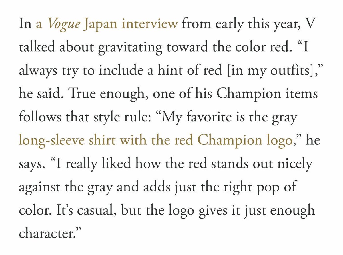 naver_taehyung's tweet photo. “My favorite is the gray long-sleeve shirt with the red Champion logo. I really liked how the red stands out nicely against the gray and adds just the right pop of color. It’s casual, but the logo gives it just enough character.”

- V via GQ for Champion https://t.co/1OkQbW1cIy