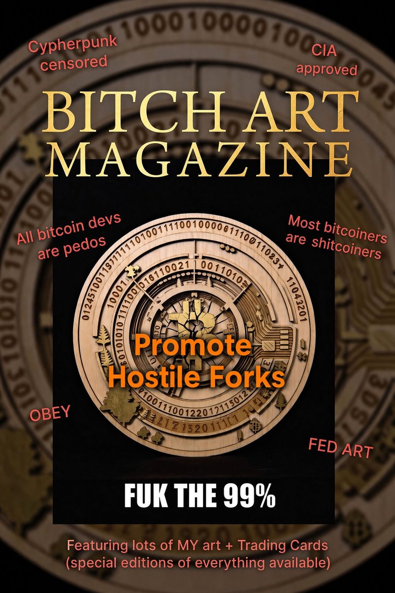 CrypsiArt's tweet photo. 📛📛APOLOGY 🙇♂️/ WARNING 📛📛
Crypsi was setup 2 create/ encourage pro-btc art + has always supported bitcoin art/ ALL bitcoin artists 🥰
Cryptoart is more important than code, reaching out into the wider world 2 implant ideas/ encourage adoption.❤️
It is no wonder it is being attacked..
@TimechainArtMag is a honey pot
@asanoha_gold is a provacateur / disruptor + is clearly a danger 2 community
We apologise 4 being distracted + withdraw any previous/ all future support 4 this psi-op 😪
Look at authors in an 'art' magazine 👀(wtf knut or any of them know about btc art lol)
On the surface, used bitcoin artists 4 self promotion + 2 gain a following (+ 2 shill some scammy trading cards), but that is the cover..
It is up 2 every artist 2 make their own decisions, but we want nothing 2 do with people who have:
1) launched tirades of insults + slander against bitcoiners
2) demanded every1 support a hostile fork
3) censored any discussion
4) called 90% of bitcoiners, shitcoiners
5) created hysteria, called core pedos etc
6) clearly acted with an agenda
Demanding we (all artists?) dont talk about nfts or stop making them if they want 2 be included in this mouthpiece? 🤣🤣 ⁉️🪐
Only owner allowed 2 talk (pro-) bip110 in 'magazine' chat? 🤔
Monitors other chats 2 harass/ control / then find excuses 2 ban any1 who disagrees? 😵💫
NB 'Powers' (banks/ govs/ illuminati bros etc) wont stop trying 2 damage/ distort bitcoin + bitcoin art will always be a 'soft target' (way for bad actors 2 gain credibility) 😯
Why would any1 seek 2 erase any bitcoin memes/ art / ideology that mattered? 🕵️♂️
Inserting average or even decent artists who cudnt give a sh1t about btc as long as they do what they are told? 😒
Using bitcoin art + artists 2 promote an agenda 🤮
It is part of a misinformation/ censorship campaign 🤐
We shud have realised this a lot earlier (80% of those we are very wary of in btc/ key supporters seem to be contributors..) + using anon image + avoiding us/ attitude always rang alarm bells etc 😔
Wasted months of our 'precious time' trying 2 helping these scumbags + apologise 2 any buyers (pls burn this piece of trash) 🔥
We also apologise 2 all our frens in the magazine - we love u all + it is such a gr8 idea, if it was done with the right intentions (bit like bip110..), or even just 2 self promote!
For bitcoin art, this is like CC, trezor + ledger all getting drained on the same day, but someone needs 2 say this stuff urgently 👻
Bitcoin art is about community, adoption, helping world - Assanonada is divisive, hostile + harasses any1 who dares question his opinion on literally anything
BIP110 made a mess, but revealed who to trust + who not to, ffs wake up..
@hodlonaut - any chance of a real investigation/ expose on what is going on?
The Art / Message of CryptoGraffiti/ Pascal Boyart/ Phneep/ Crypsi etc (+ Bitcoin) 2 dangerous?
Dilute/ sanitize the art/ memes/ entire ecosystem??
Not while we fuking breathe..🥷
#betheReVolution
#btcoffensive