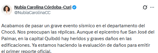 UltimaHoraCR's tweet photo. #Atención | La Gobernadora de Chocó, Nubia Carolina Córdoba, indicó en su cuenta de X que: "Quibdó hay heridos y graves daños en las edificaciones. Ya estamos haciendo la evaluación de daños para emitir el primer reporte oficial. https://t.co/QmHv3McOIz