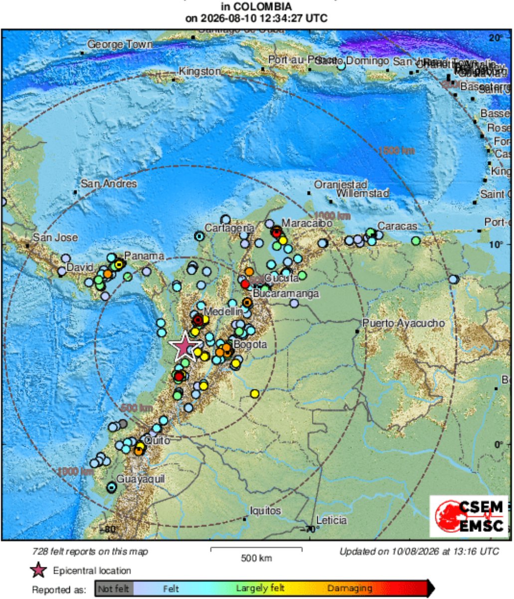 Asismet_IF's tweet photo. Muy fuerte y prolongado temblor en el norte de Sudamérica 
Un sismo de magnitud 7.4 ocurrió a las 7:34 a.m del 10 de agosto de 2026 con el epicentro en el departamento de Chocó, a 55 km al oeste de Pereira.
Profundidad: 107 km
🔴Muy alta probabilidad de daños materiales y humanos https://t.co/zev2l5ZhTj